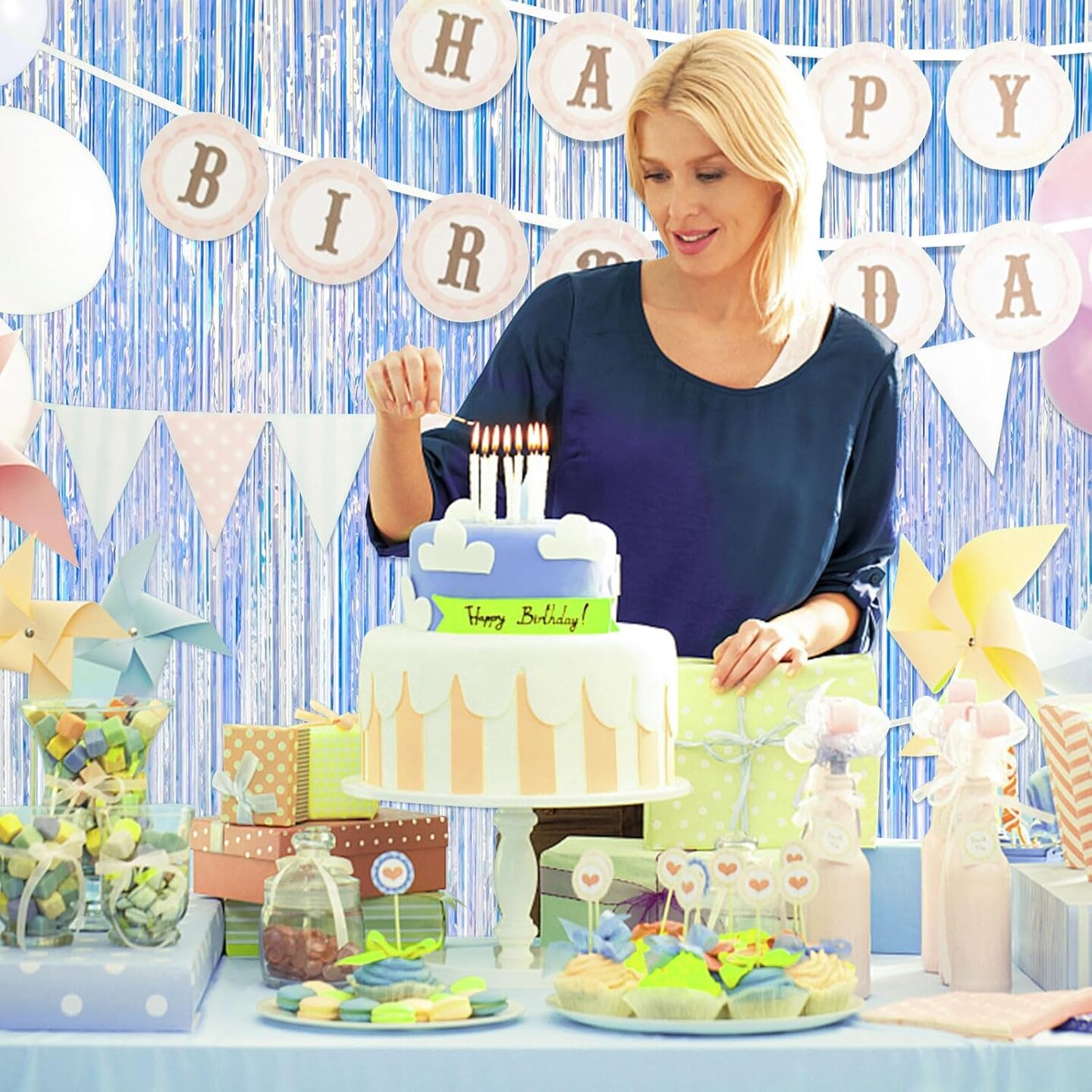 2 Pack Iridescent Party Backdrop Decorations Tinsel Curtain Birthday Decorations Foil Fringe Photo Booth Streamer Backdrop Iridescent Theme