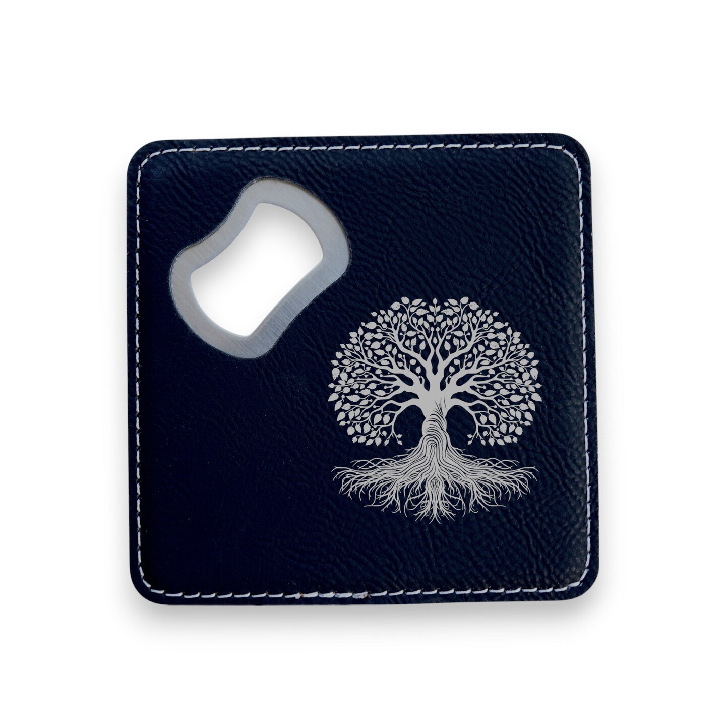 Coaster W/ BOTTLE OPENER - Celtic Tree of Life - SET OF 2 LEATHER