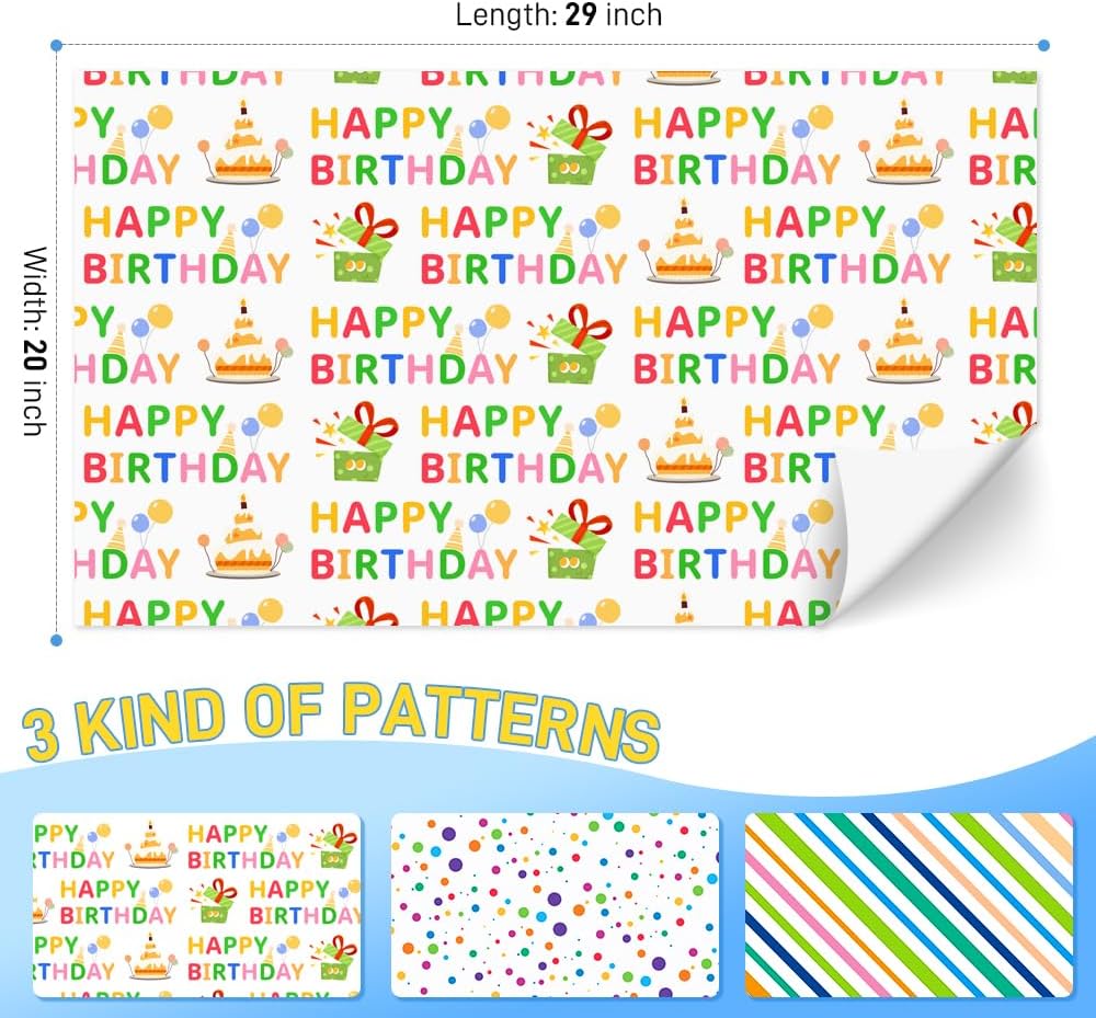 Birthday Wrapping Paper Sheet Set – 12 Sheets, 20x29” Each, Polka Dots, Stripes & “Happy Birthday” Designs for Kids, Adults & Holiday Gifts (Birthday)