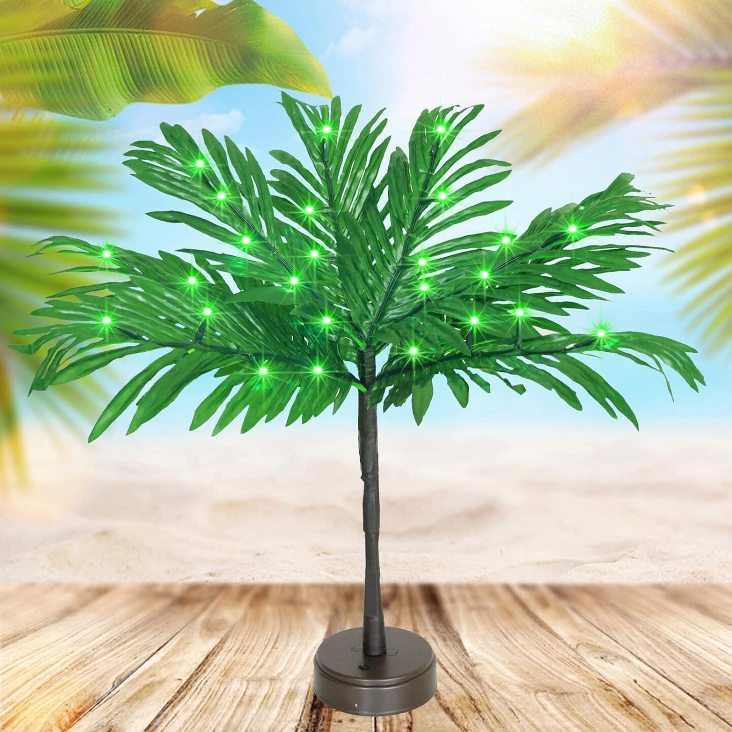 23 In Lighted Palm Tree Summer Tabletop Decor Tropical Artificial Palm Tree Lights Branches LED Mini Light Up Palm Tree Decor Table Centerpiece Summer Hawaiian Party