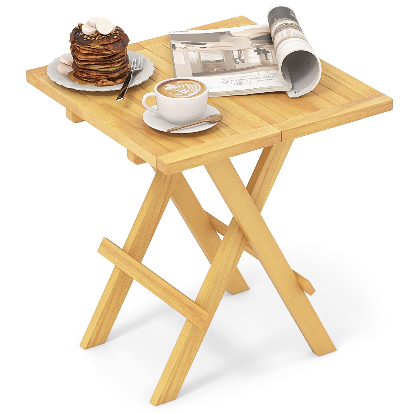 Teak Wood Folding Coffee Table with Slatted Top, Compact Design and Versatile Use
