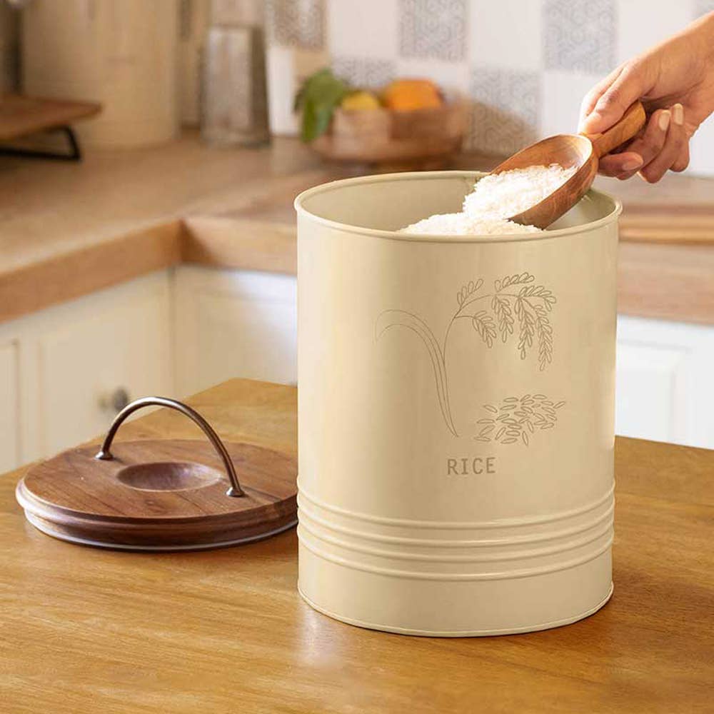Metal Rice Storage Barrel with Wooden Lid - Sleek &#x26; Durable Kitchen Canister-8.6X8.6X11&#x22;