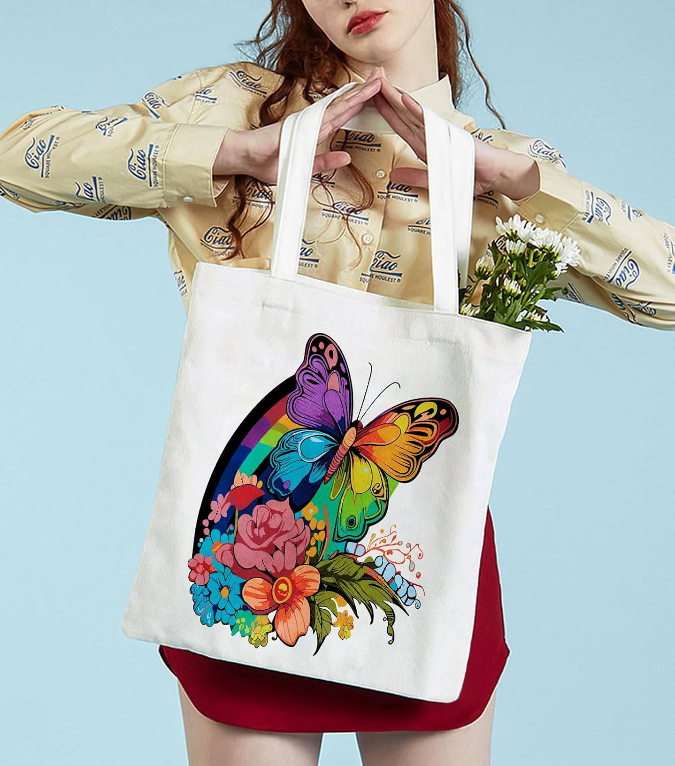 Paint by Numbers Tote Bag, Paint by Number Butterfly on Canvas, DIY Flower Canvas Bag for School Student Painted with Acrylic Paints 13.38x15.74 Inch