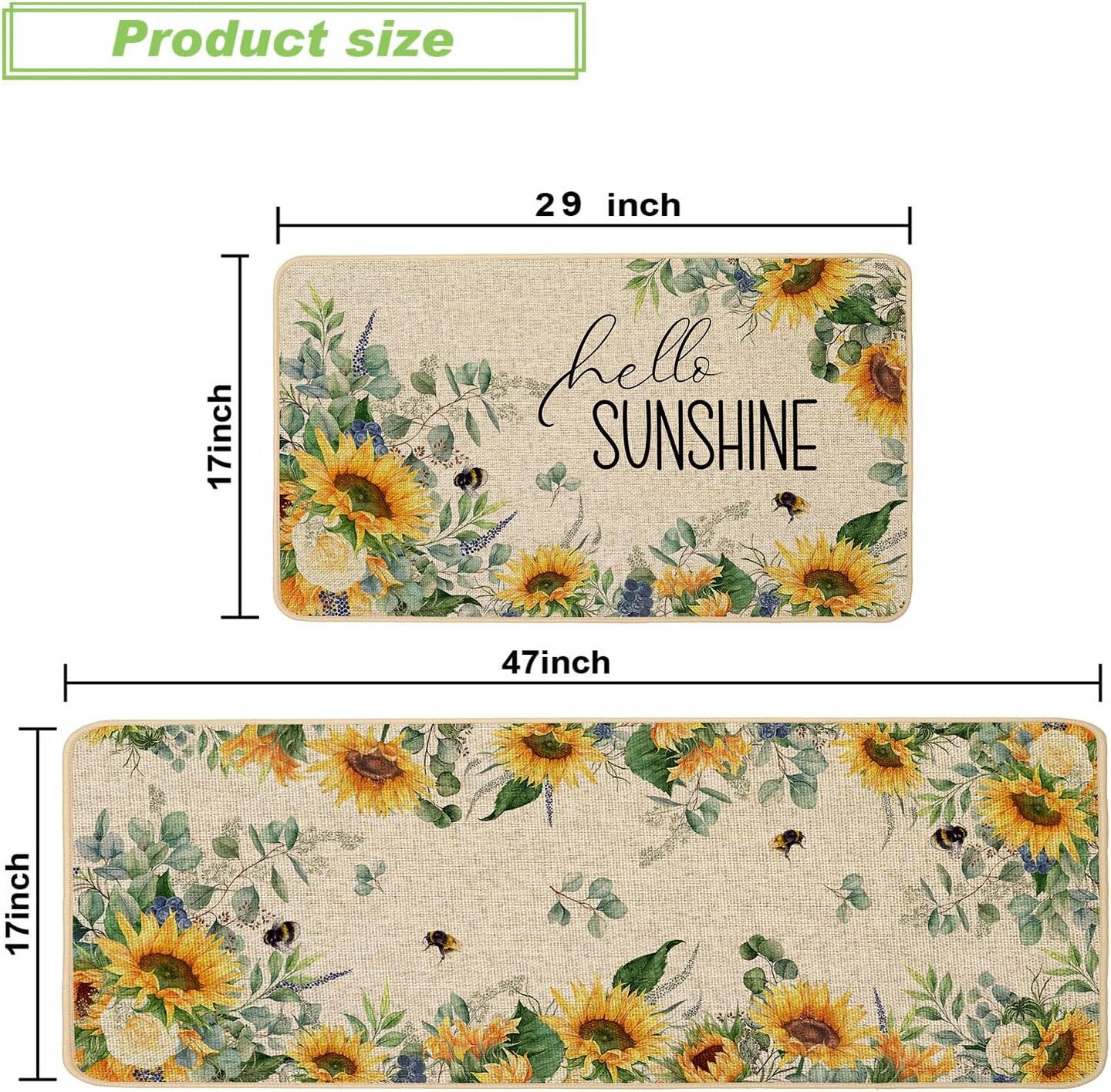 Spring Summer Kitchen Mats Set of 2, Sunflower Floral Bee Kitchen Rugs for Floor Non Slip Absorbent Low-Profile Seasonal Farmhouse Home Decor 17x29 and 17x47 Inch