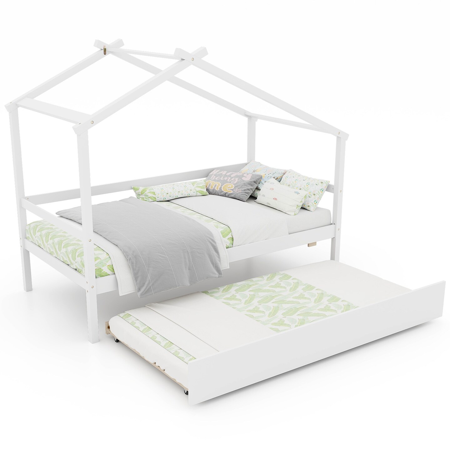 Pine Wood Twin Size House Bed with Trundle, DIY Roof, Slat Support and Safe Design