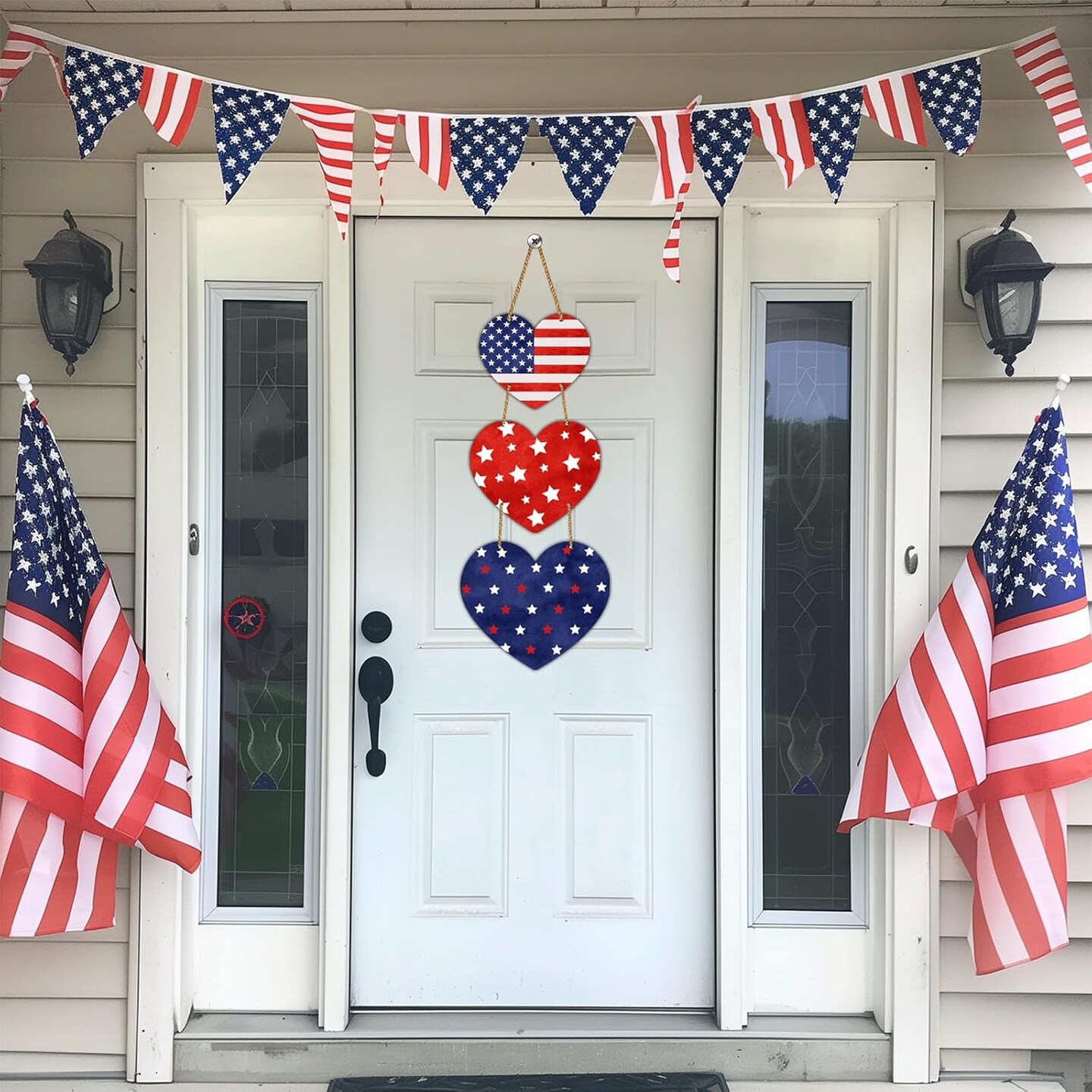 Patriotic Heart Wreath 4th of July, Wooden Hanging Door Decor