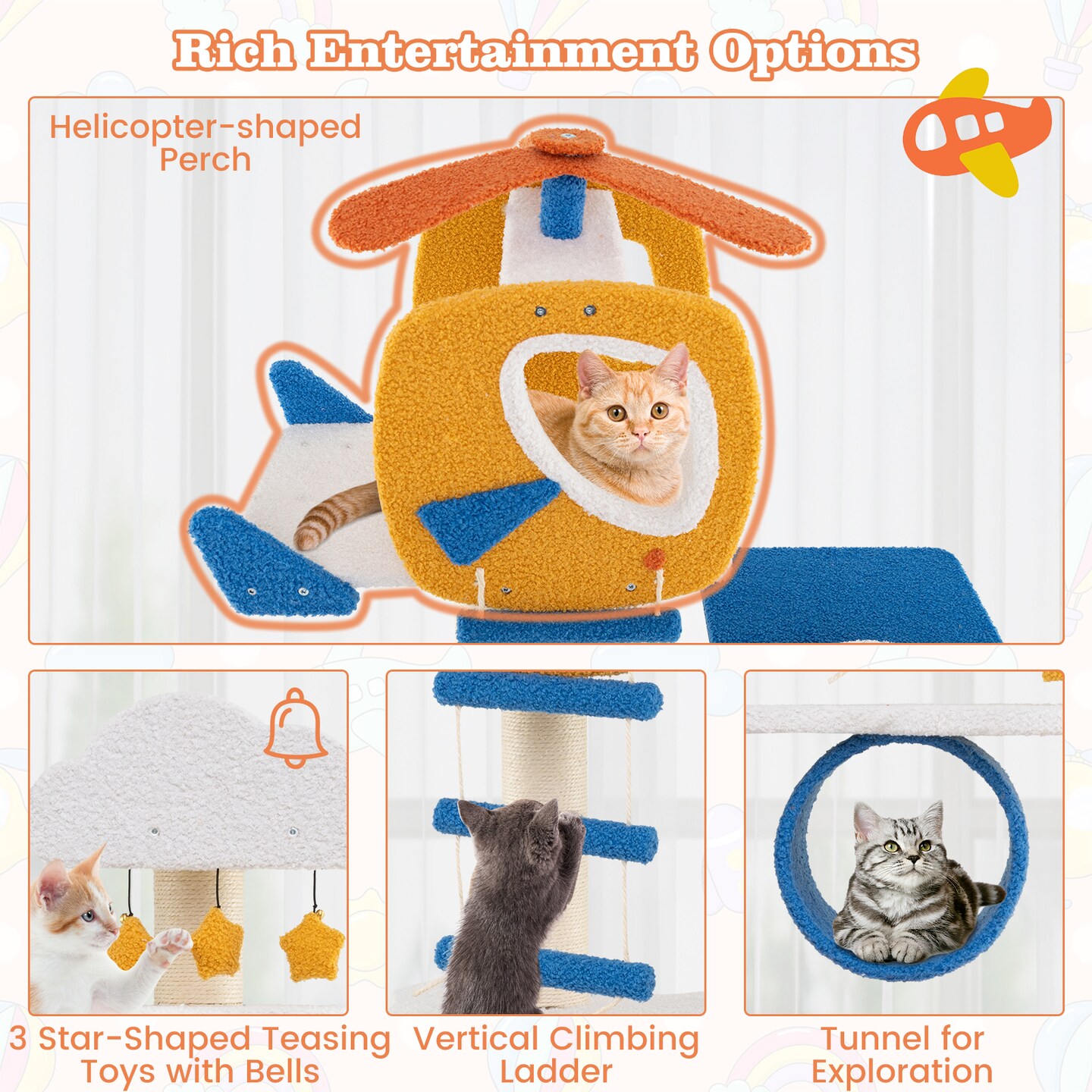 70 Inch Tall Aviation-Themed Cat Tree Tower with Helicopter Top Perch Ideal for Indoor Cats