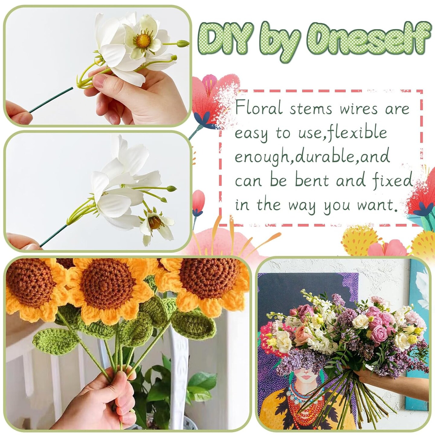 100 Pcs Floral Stems Wire for Paper Flower,14 Inch 2 Gauge Dark Green Floral Stem Wire,Crafting Floral Stem for Flower Arrangements DIY,Bouquet Stem Wrapping and Crafts