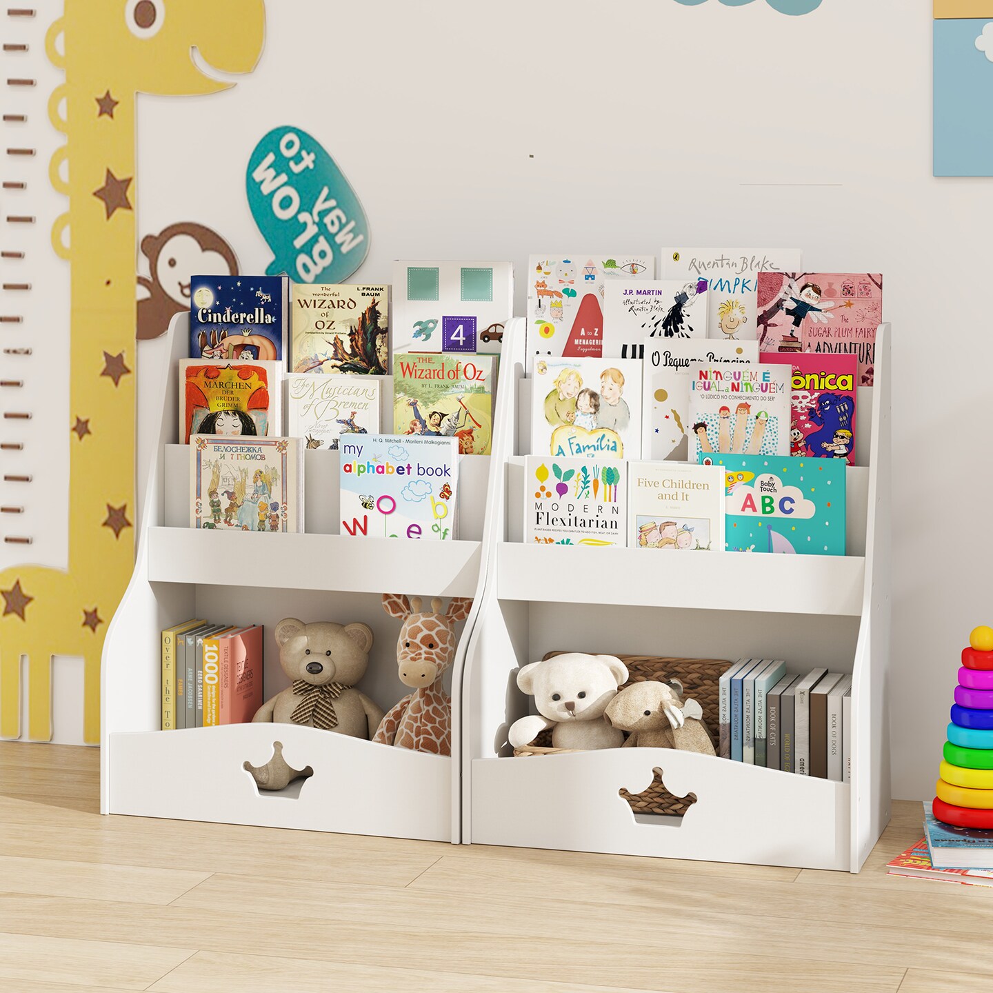 White MDF Kids Bookshelf with 4-Tier Storage, Hidden Compartment and Safety Features