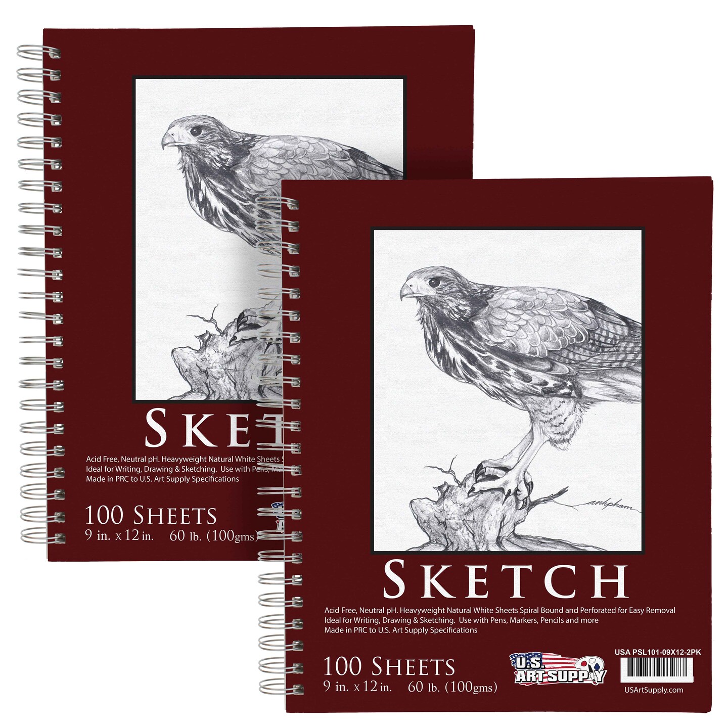 9&#x22;x12&#x22; Sketch Book Pad, 2 Pack (100 Sheets Each), 60lb (100gsm) Spiral Bound - Sketching, Drawing Pad, Acid-Free Paper - Sketch Pads For Adults, Students: Colored Pencils, Charcoal
