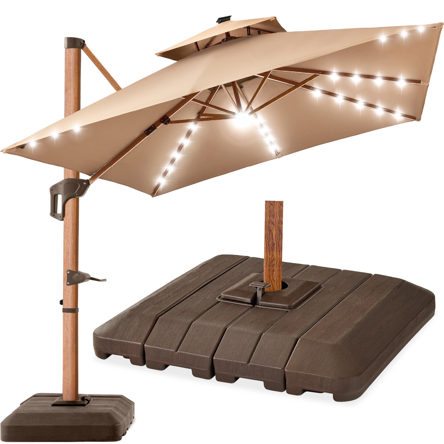 Best Choice Products 10ft Square Woodgrain Pattern 2-Tier Outdoor Solar LED Cantilever Umbrella w/ Base