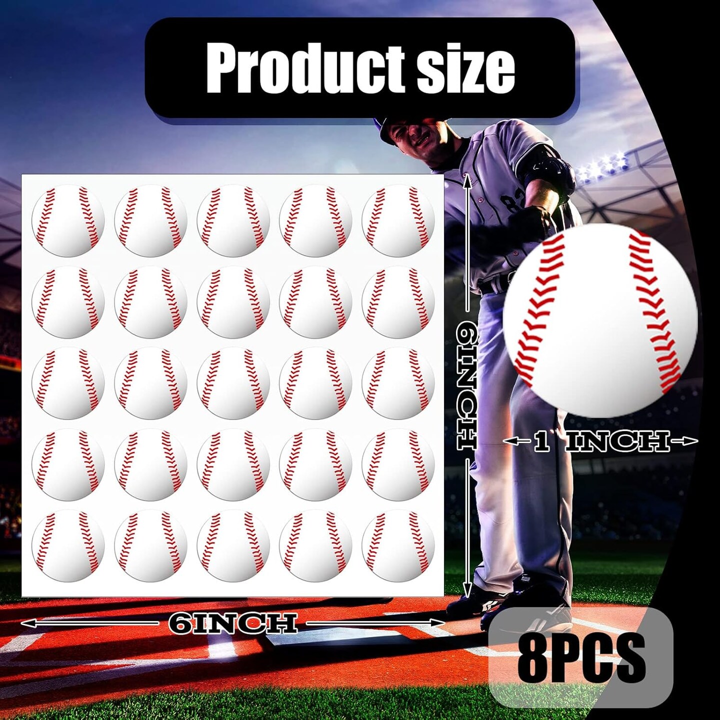 200 Pieces 8 Sheets Baseball Award Decal Set Baseball Vinyl Stickers 1&#x22; Small Self Adhesive Baseball Helmet Stickers for Laptops, Cars, Scrapbook, Phones, Batting