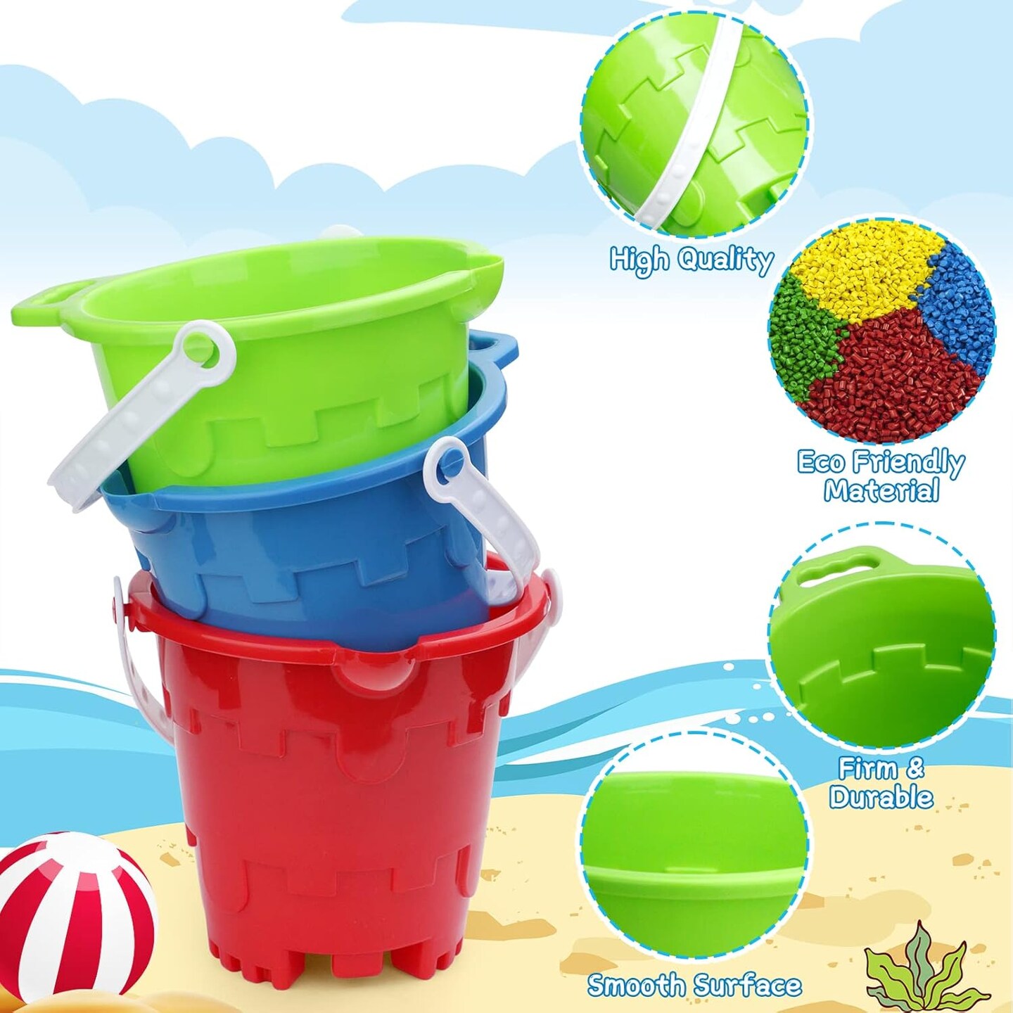 Summer Beach Sand Toy Bucket Gear For Kids Adult, 7&#x22; Plastic Beach Castle Mold Buckets, Sand Pail Water Bucket for Summer Party Fishing, Space Saving Outdoor Waterpot for Garden Camping Accessory (3PCS)