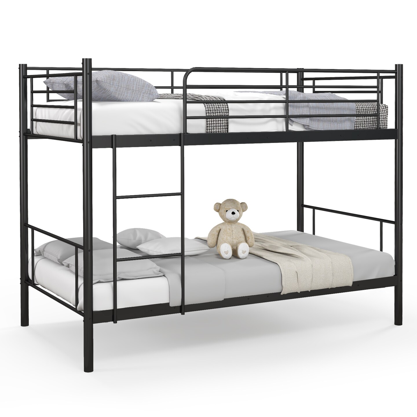 Black Metal Twin Over Twin Bunk Bed with High Guardrails and Ladder
