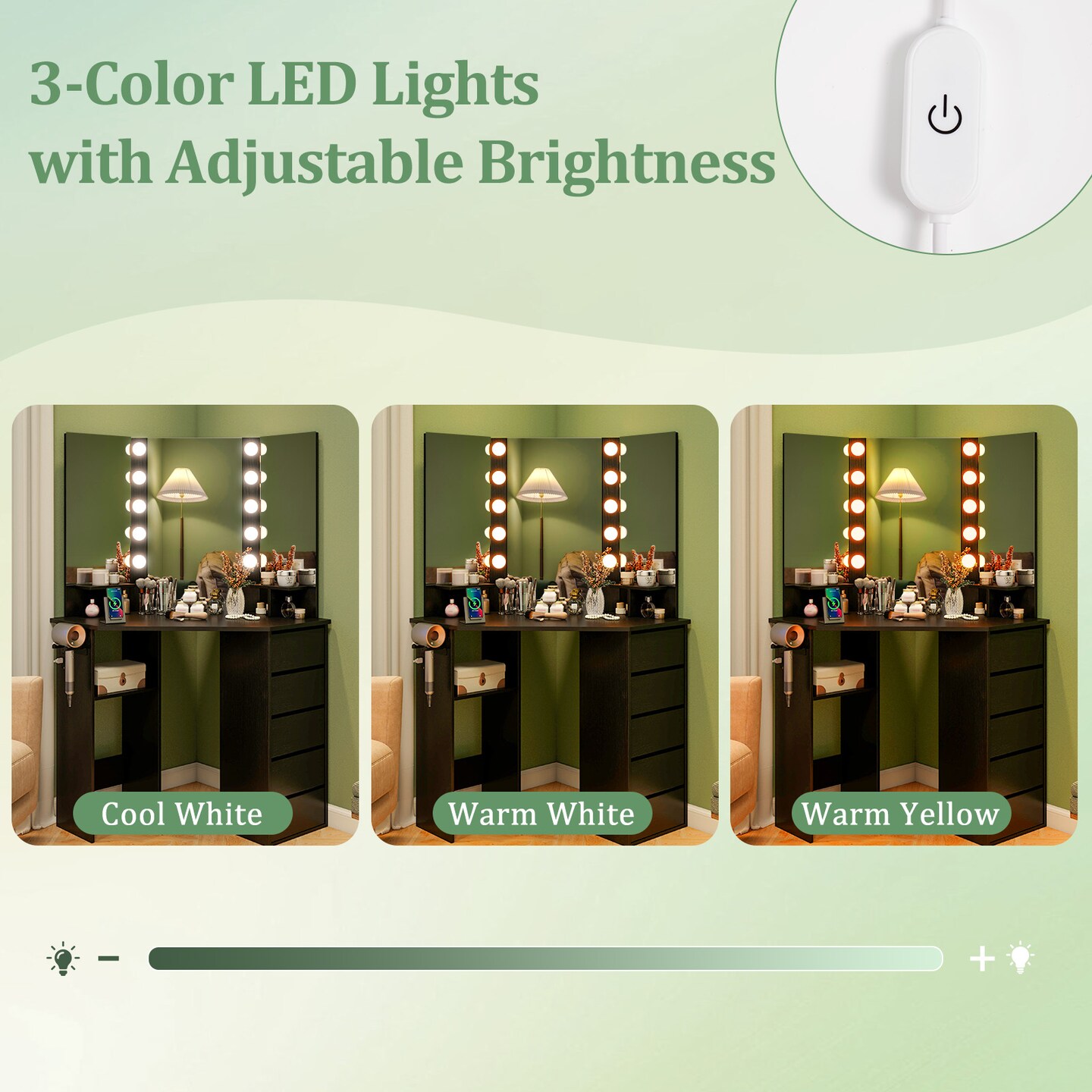 5 Drawers Corner Vanity Desk with LED Mirror and Charging Station Storage Shelves for Bedroom