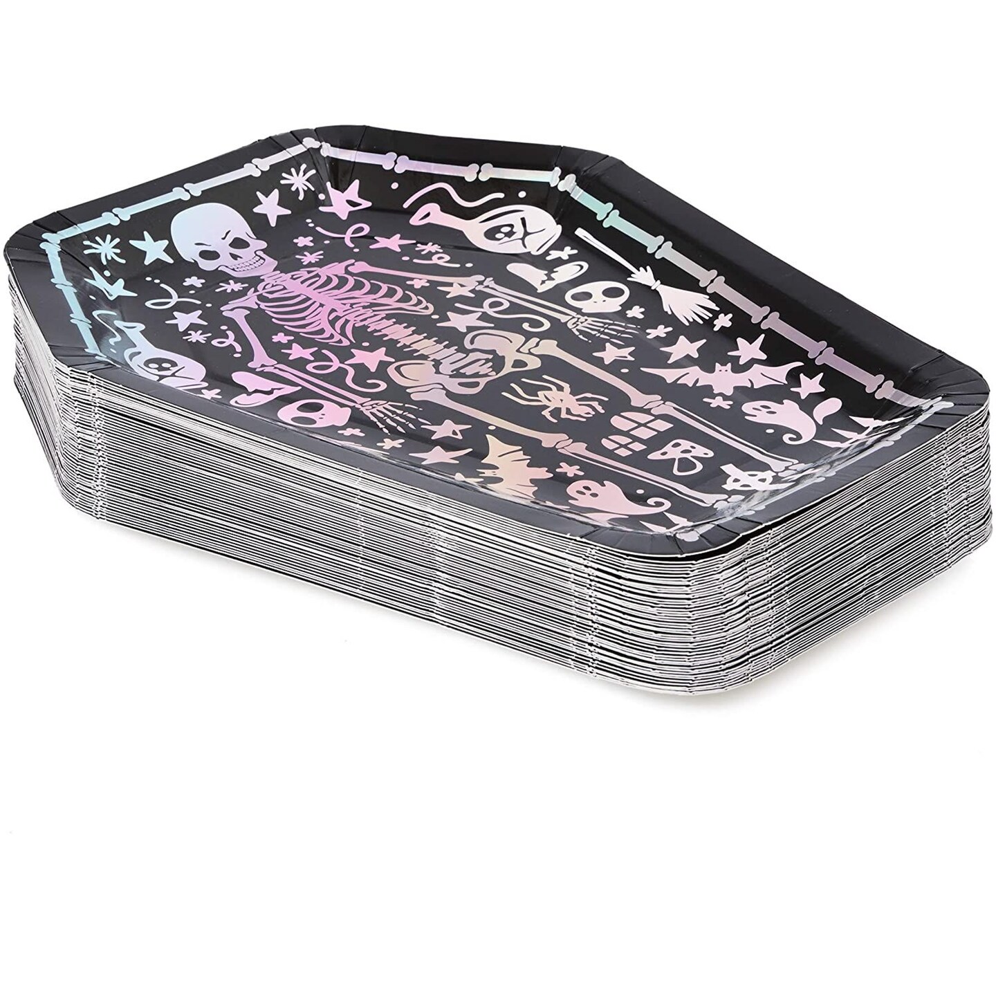 Spooky Central 48-Pack Skeleton Coffin Halloween Plates, 10-Inch Disposable Spooky Plates, Cute Coffin Paper Plates for Black Halloween Party Supplies, Vintage Skeleton Design
