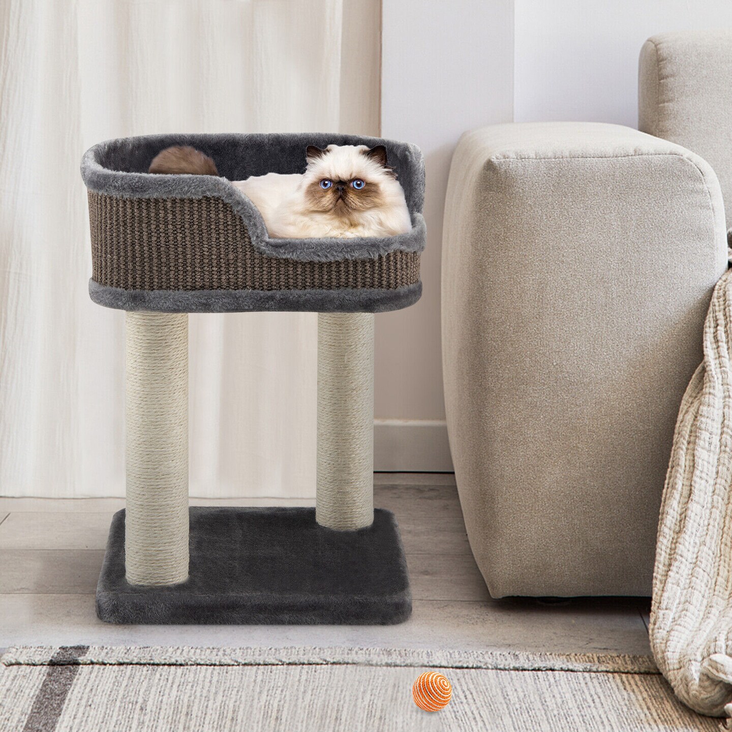 Grey Kitten Climbing Tree with Sisal Posts and Large Plush Perch Ideal for Indoor Cats