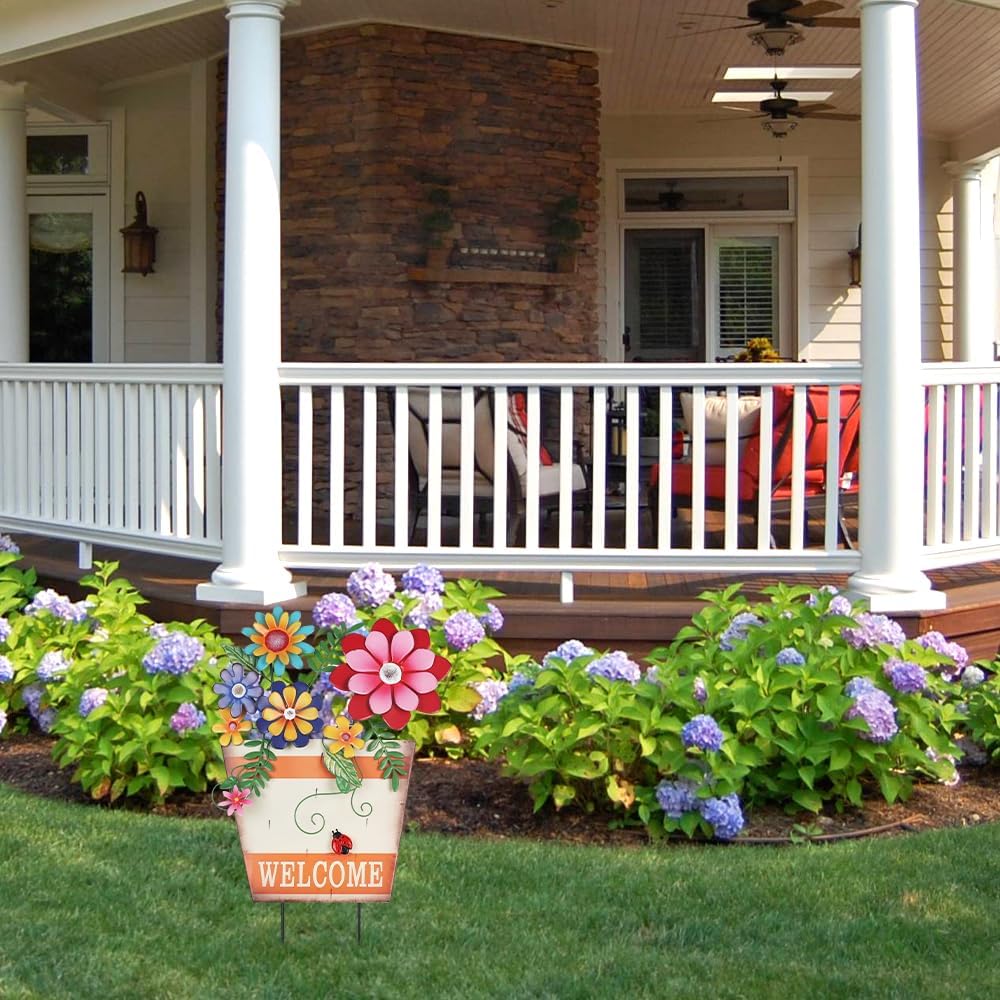 Spring Garden Decoration for Outside, Metal Flower Pot Decorative Garden Stakes with Flowers for Spring Decor, Yard Art Welcome Sign for Outdoor Garden Lawn Backyard Porch Patio Decorations