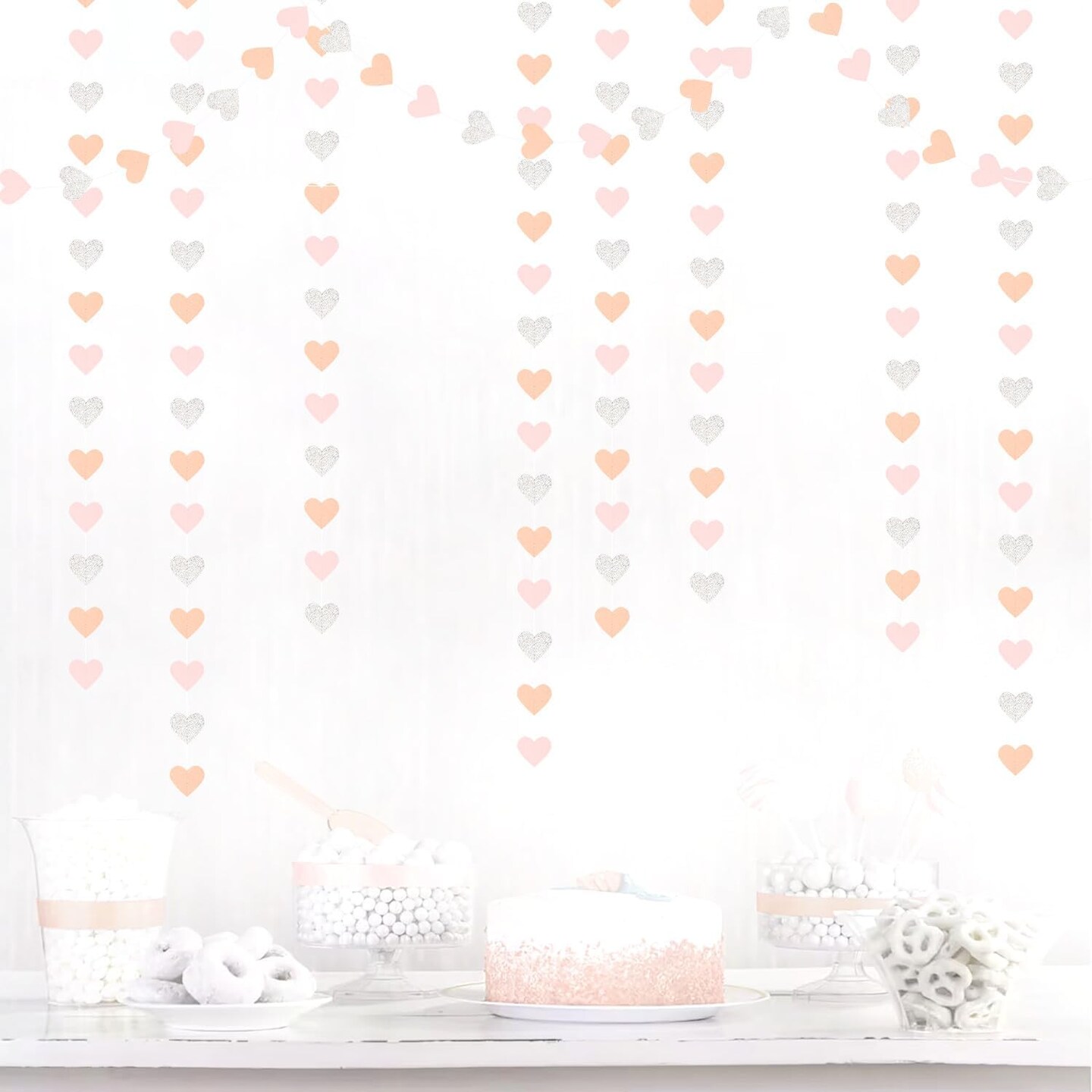 Pink-Silver Peach Birthday Party-Decorations Streamers - 52FT Hanging Heart Garland Banner,Baby Bridal Shower Engagement Anniversary Bachelorette Wedding Backdrop Decor