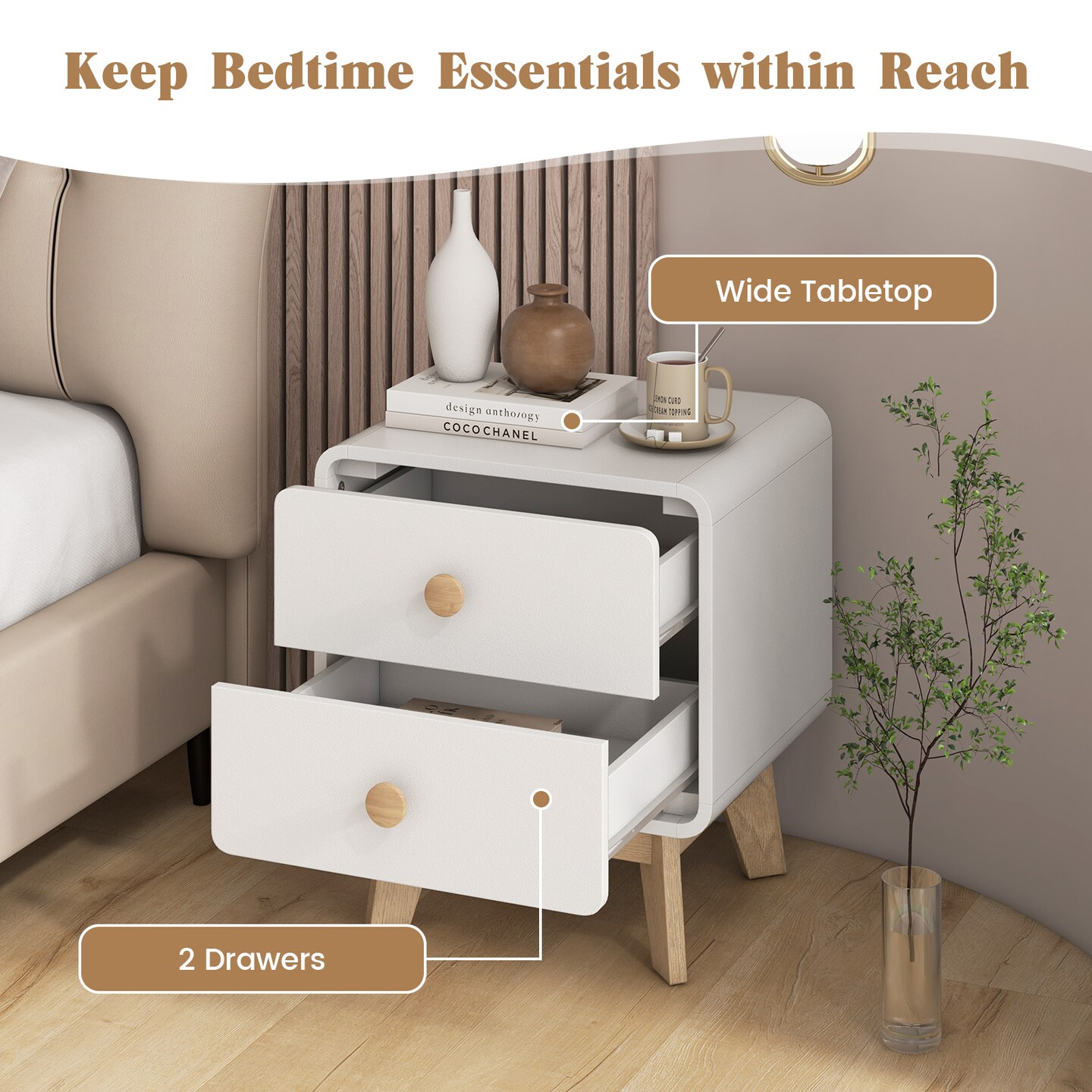 MDF and Rubber Wood Nightstand with 2 Drawers and Mid-Century Modern Design