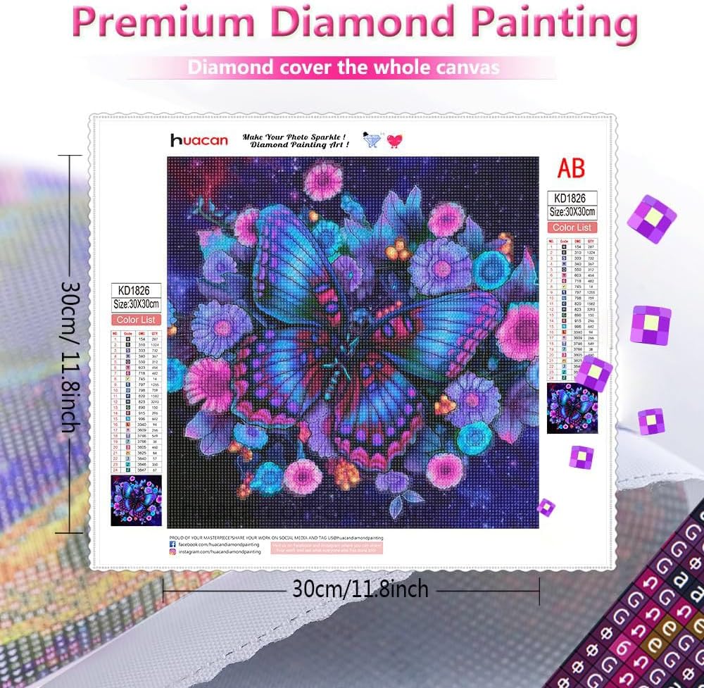 Butterfly Diamond Painting Kit – Full Drill Square Diamond Art for Adults, Gem Art Canvas Wall Décor, 11.8" x 11.8" (30 x 30 cm)