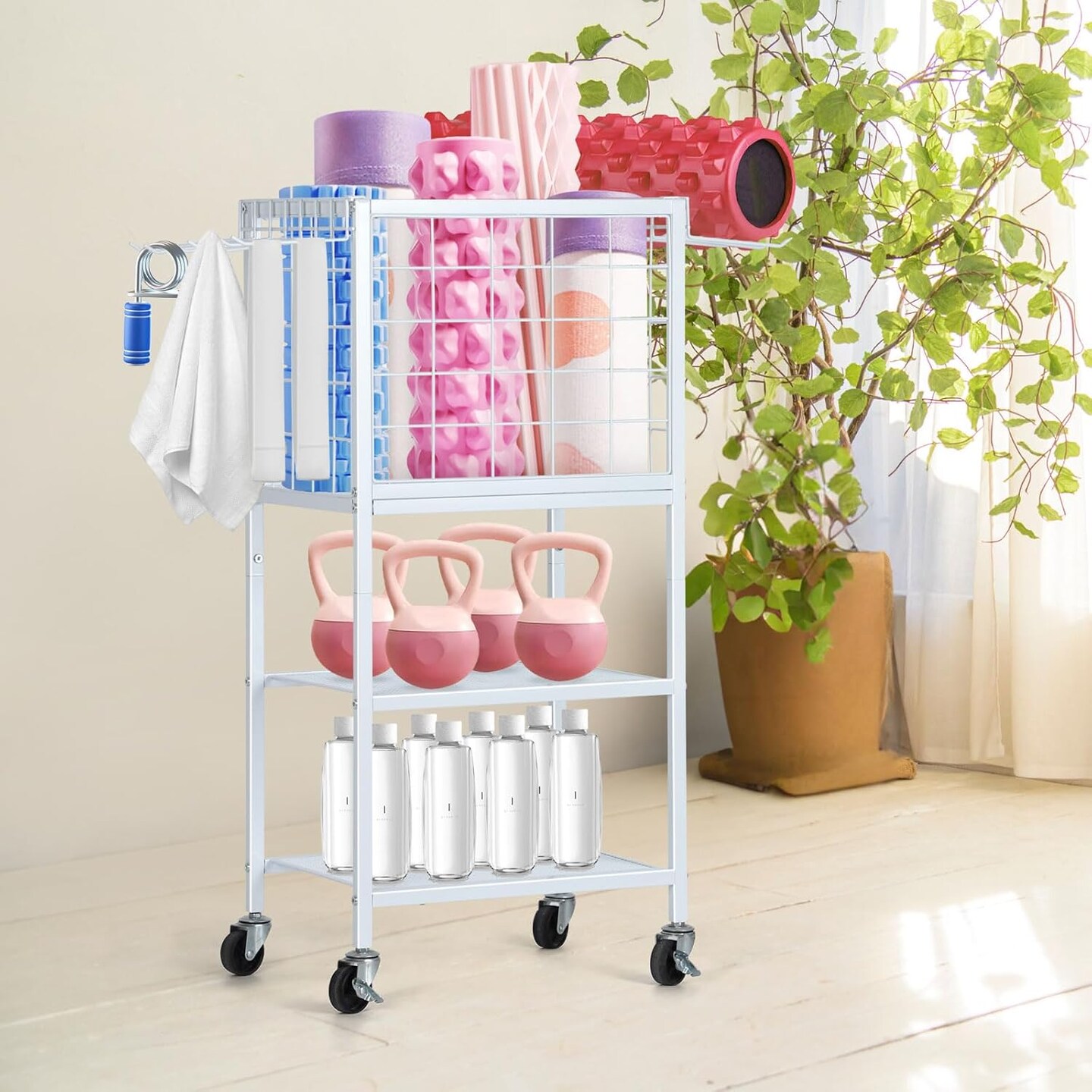 Modern Home Gym Weight White Rack with Wheels &#x26; Storage Hooks &#x2013; 3-Tier Organizer for Dumbbells, Resistance Bands, Yoga Mat, and Fitness Accessories