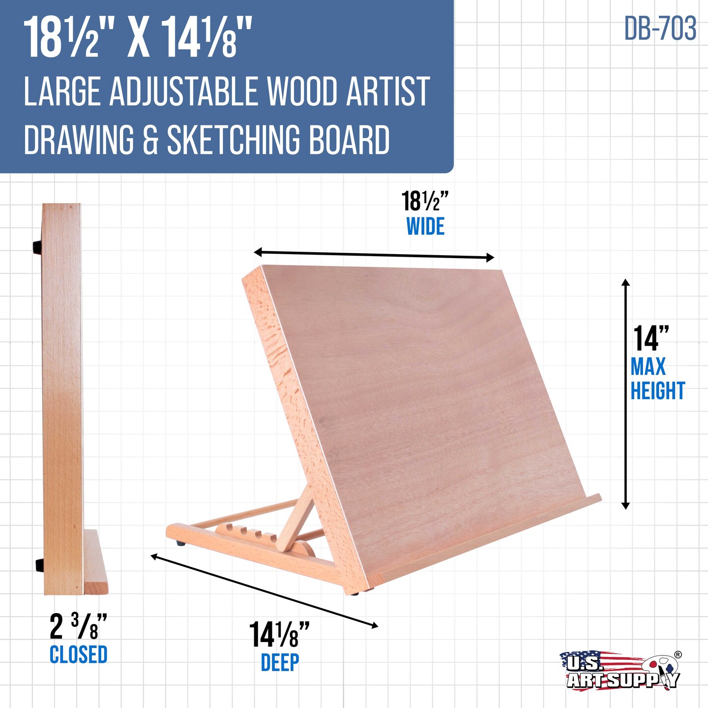 Large 18-1/2&#x22; x 14-1/8&#x22; (A3) Adjustable Wood Art Drawing Board - 6 Angles, Beechwood Construction, Pencil Ledge - Perfect for Designing, Drafting, Sketching &#x26; Architecture Work