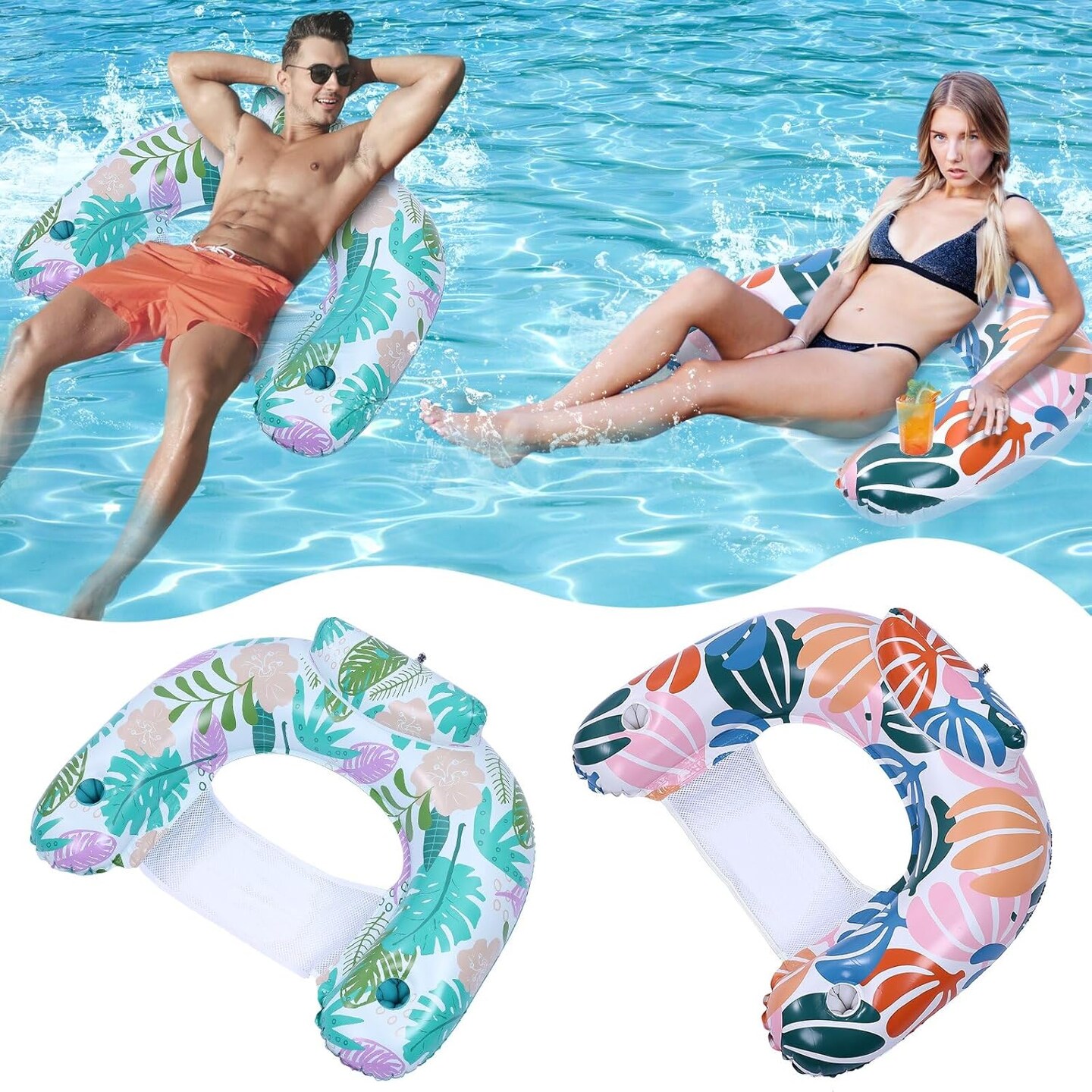 2 Summer Pack Pool Floats Adult,Inflatable Pool Chairs with Cup Holders,Blow up Lounge Hammock Pool Toys for Swimming Pool Beach Ocean Lake Party Summer Water Fun