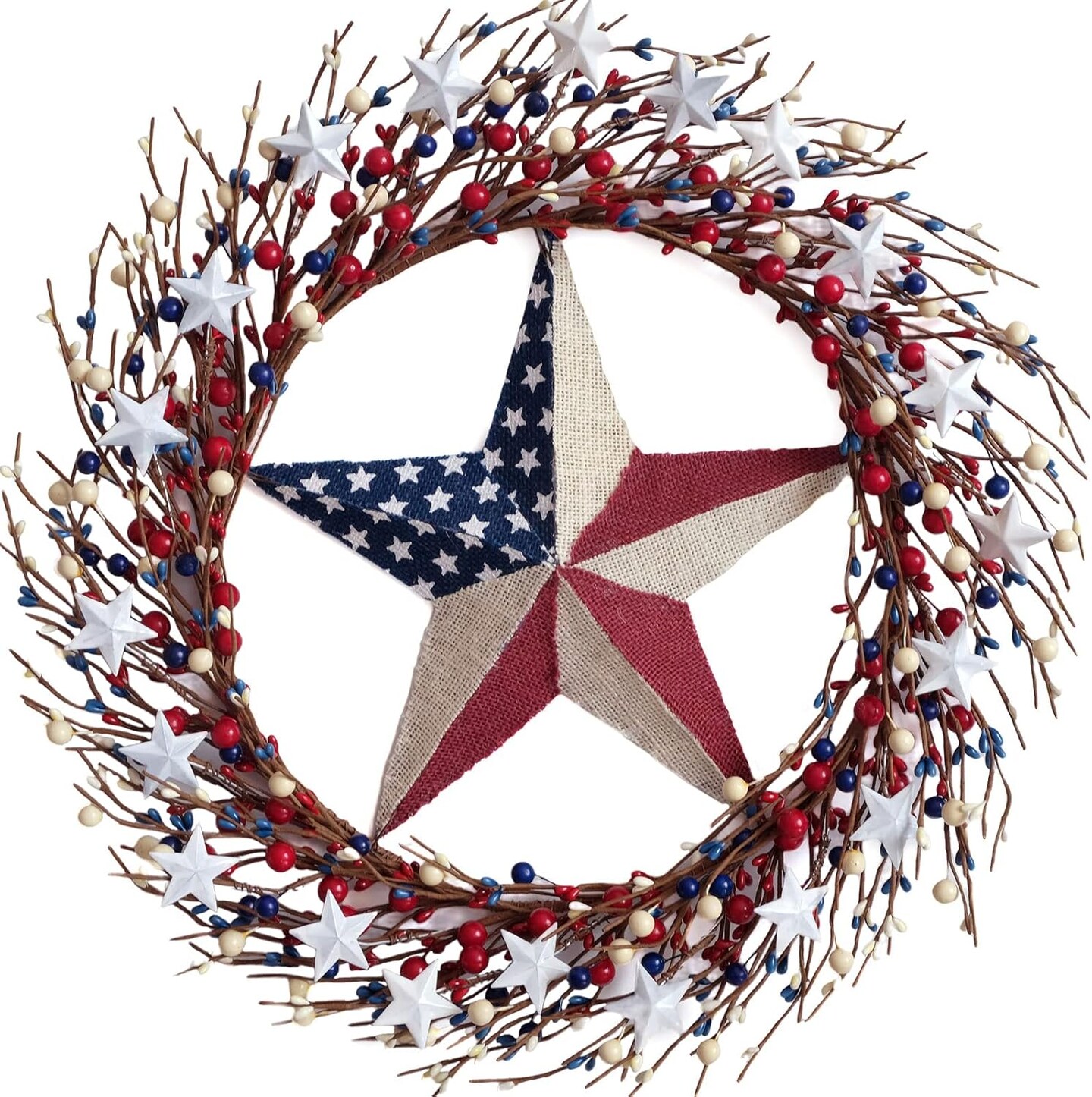 18" Patriotic Wreath with Burlap Flag Star Artificial 4th of July for Wall Decor