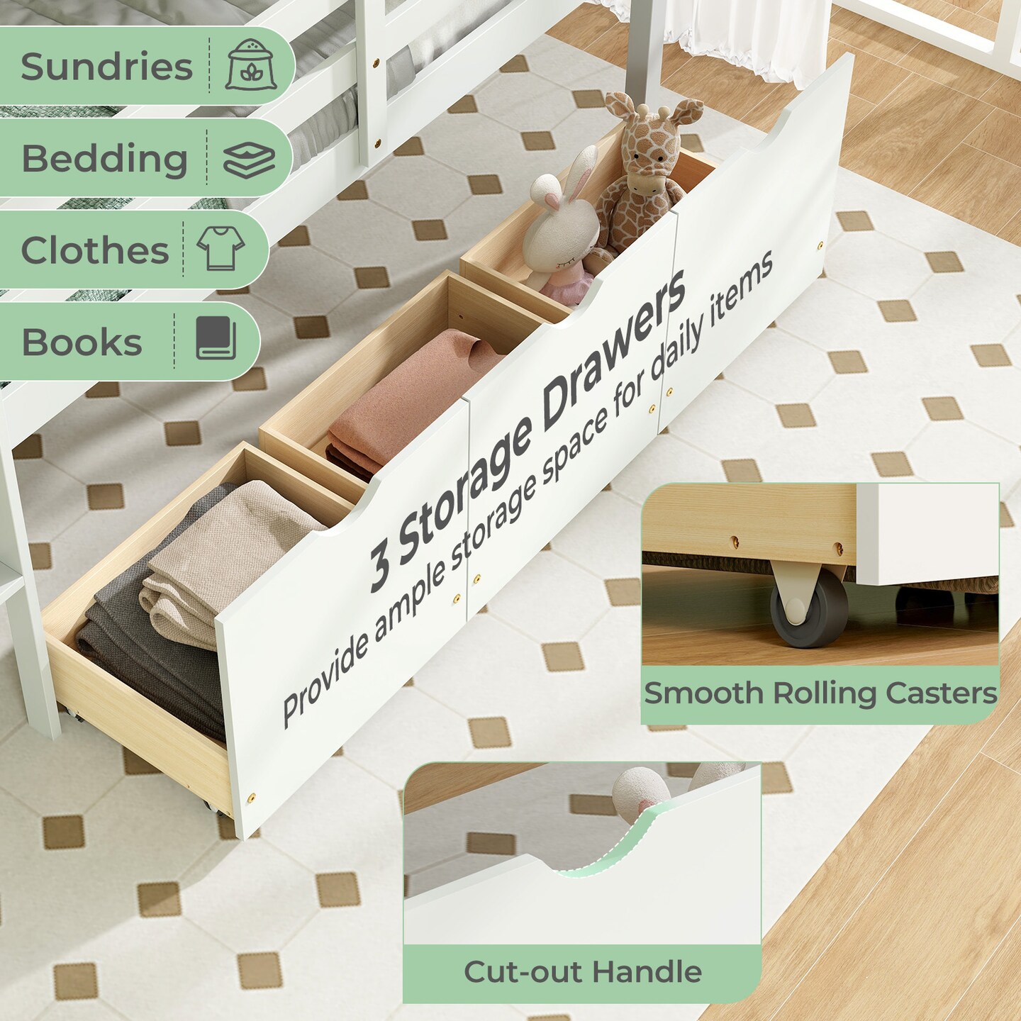 Twin Size Low Loft Bed with 3 Storage Drawers Ladder and Guardrails