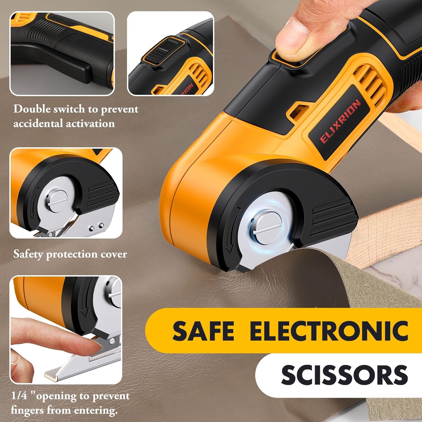 Electric Scissors Rotary Cutter with 2 Blades | 4V 2000mAh Rechargeable | Heavy Duty for Cardboard Fabric Carpet Leather | Lightweight Portable (Yellow)