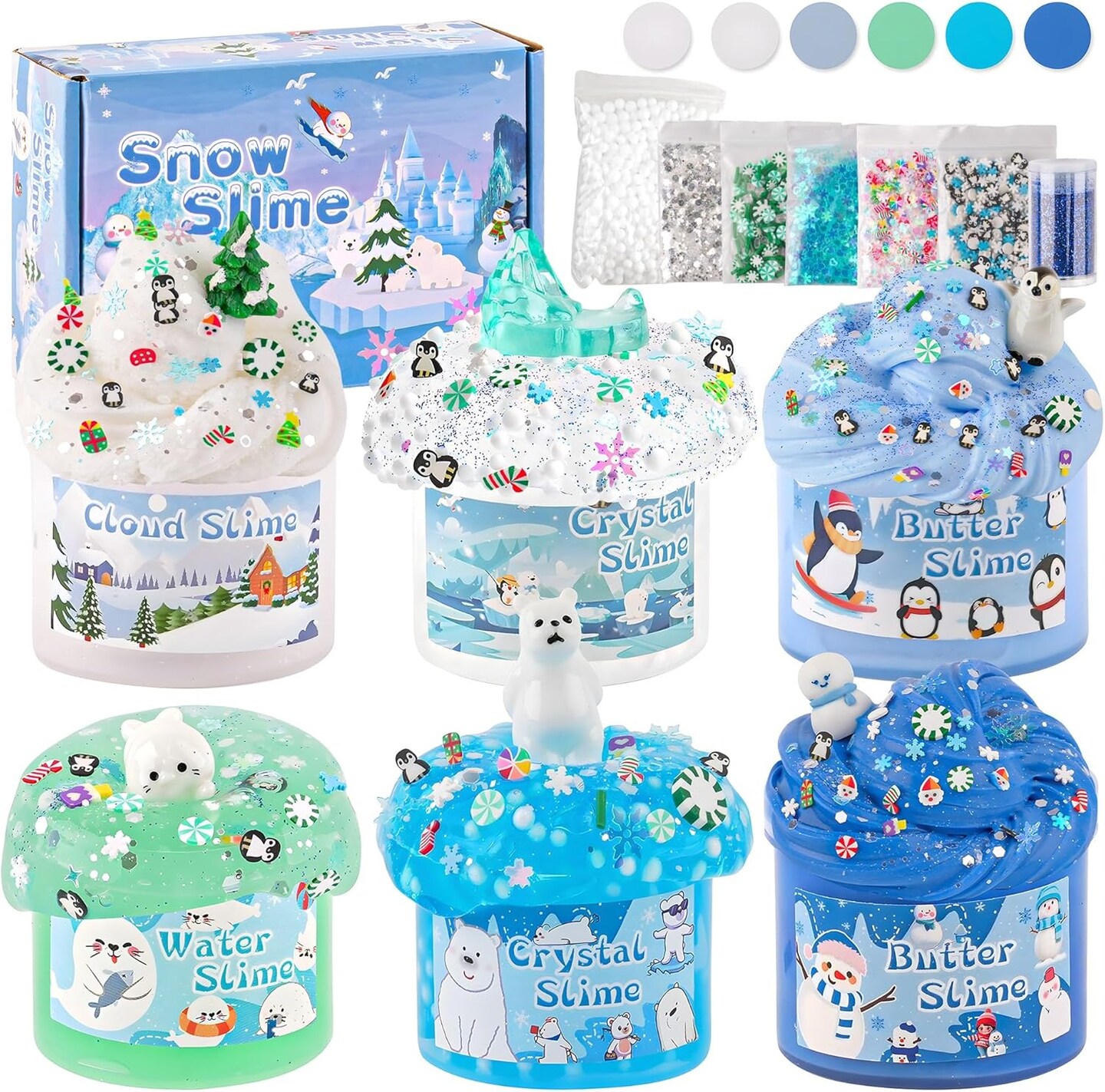 6 Packs Snow Slime Kit - Butter, Clear, Water, Cloud Slimes, Fluffy Slime Making Kit for Kids with Cute Charms & Add-ins, Blue Kids Slimes Kits for Girls & Boys Birthday Christmas Easter Gifts
