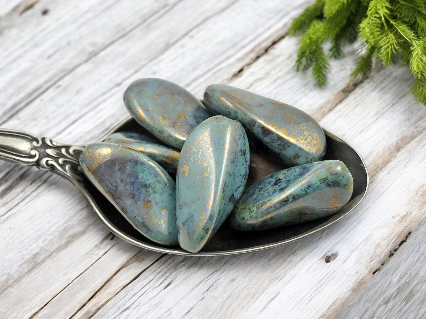 *6* 24x13mm Opaque Bronzed Turquoise Twisted Oblong Oval Beads