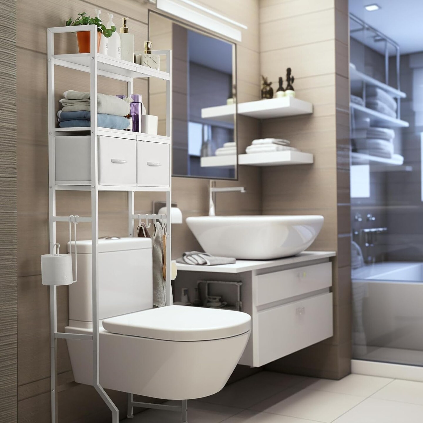 3-Tier Over-The-Toilet Storage Cabinet with Fabric Drawers &#x2013; Freestanding Bathroom Organizer with 4 Hooks &#x26; Toilet Paper Holder, White Space-Saving Shelf