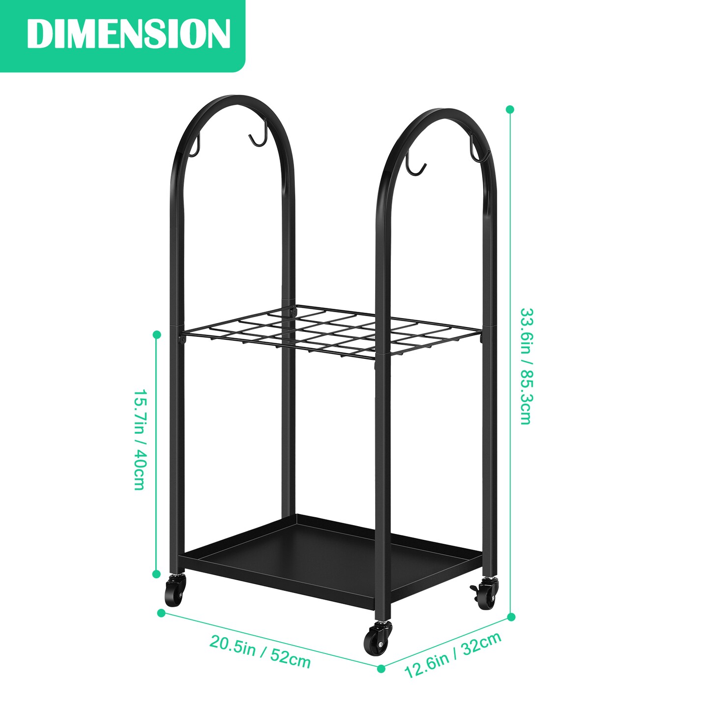 2-Tier Firewood Rack with Wheels &#x26; Hooks &#x2013; Indoor/Outdoor Log Holder for Fireplace, Patio, Hearth | Heavy-Duty Black Steel Storage (20.5&#x201D;x12.6&#x201D;x33.5&#x201D;)