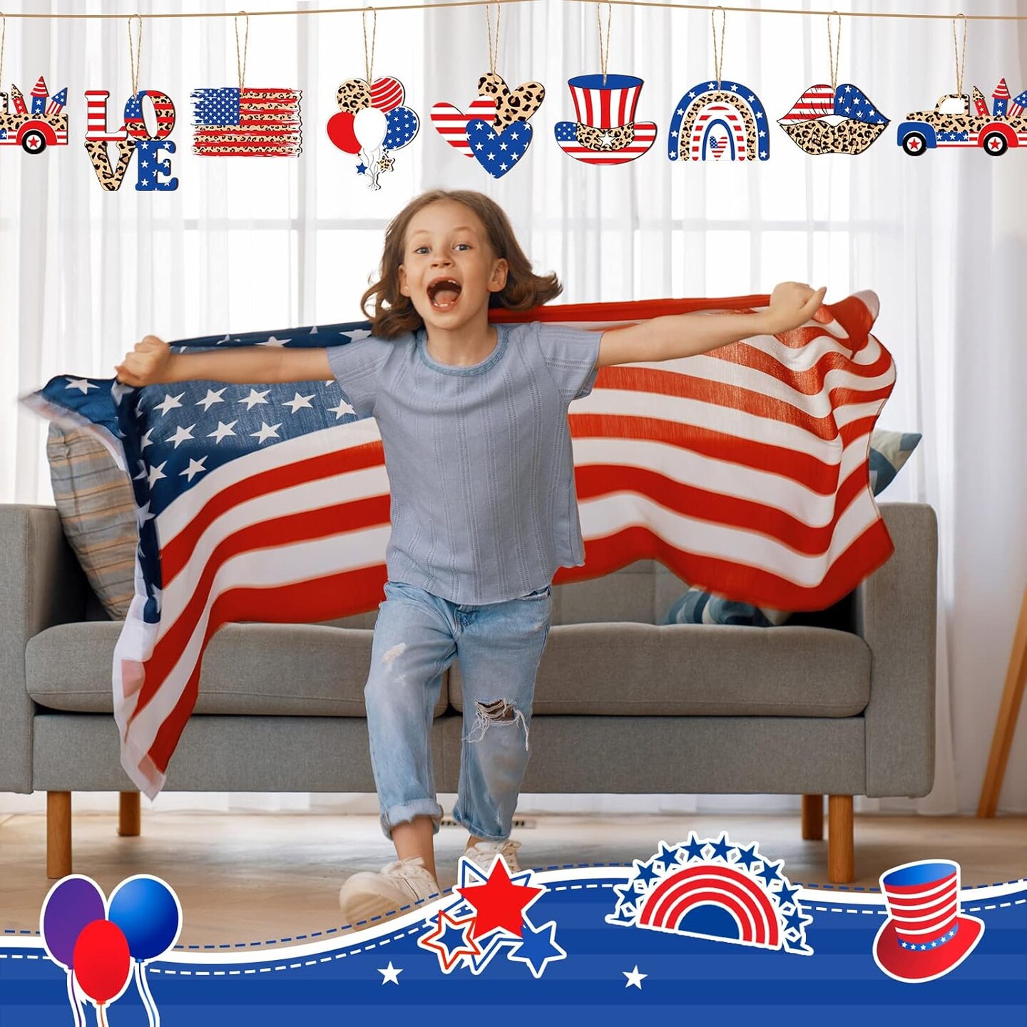 36 Pcs Patriotic Hanging Ornaments for Tree 4th of July Wood Decor Labor Day Independence Wooden Ornaments with Ropes Star USA Flag Gnome Red White and Blue Decorations Memorial Day(Leopard)