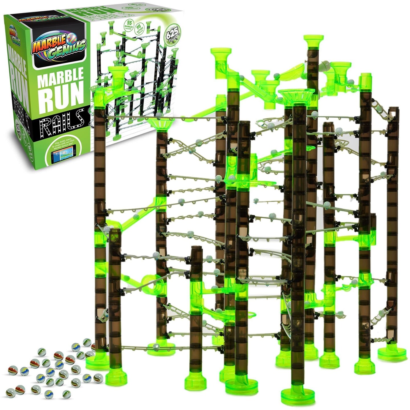 Marble Genius Marble Rails Extreme Set, 625 Piece Marble Run for Kids 8+ (55 Marbles, 80 Rail Pieces, 20 Base Pieces & More), STEM, Full-Color Instructions, Great for Kids & Teens