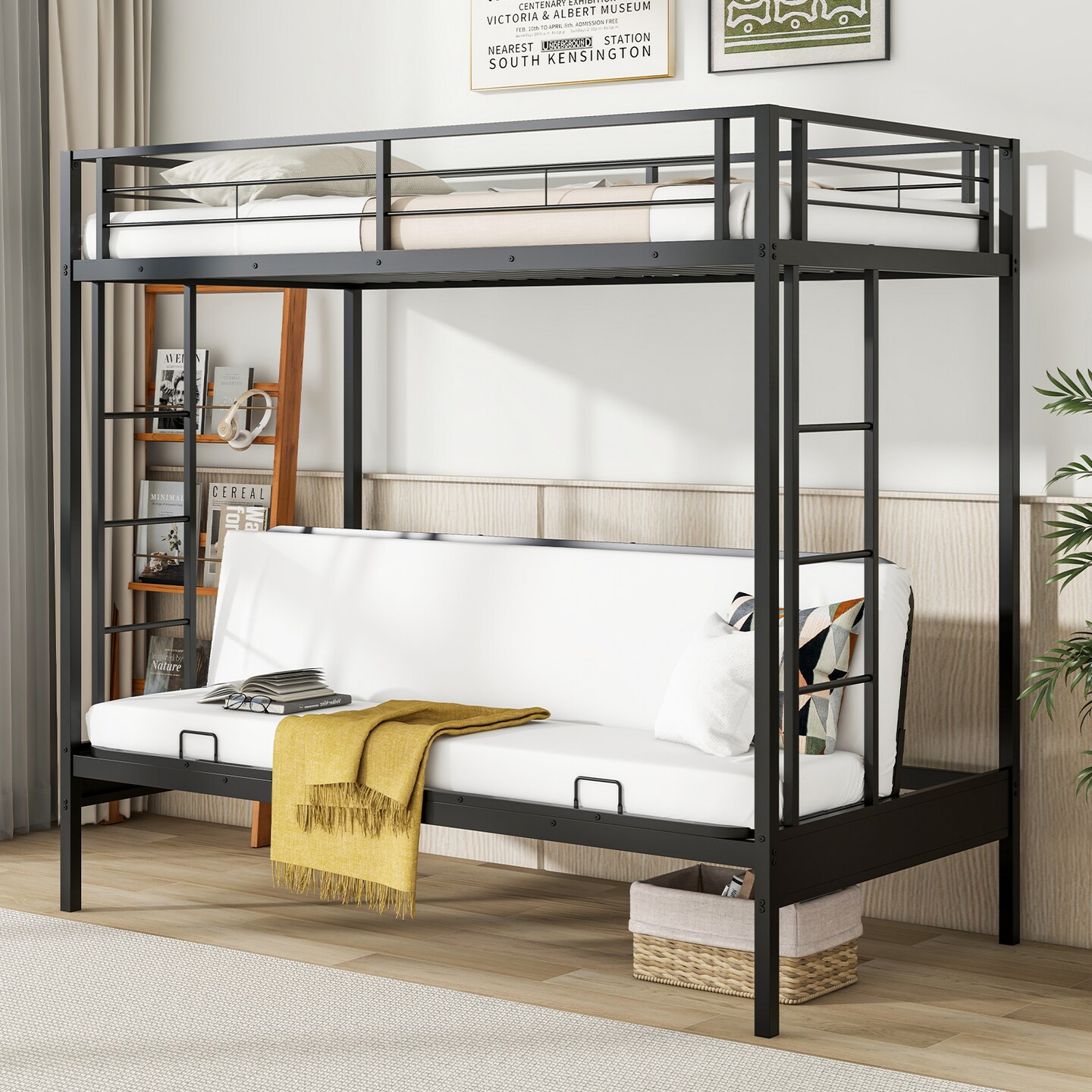 Black Metal Twin Over Futon Bunk Bed with 2 Ladders, Guardrails and Under-Bed Storage