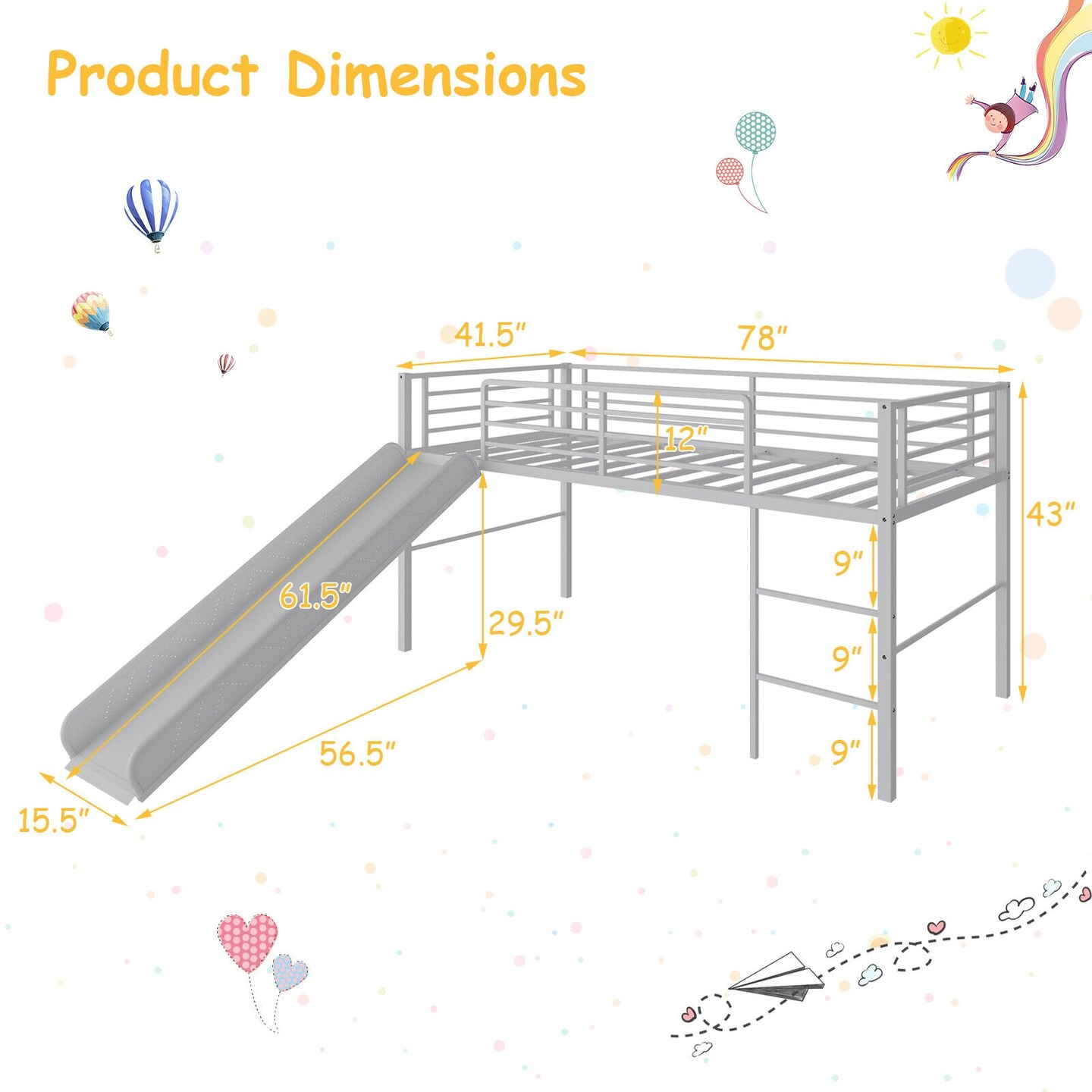 Twin Metal Loft Bed with Slide, Fun, Safe and Spacious