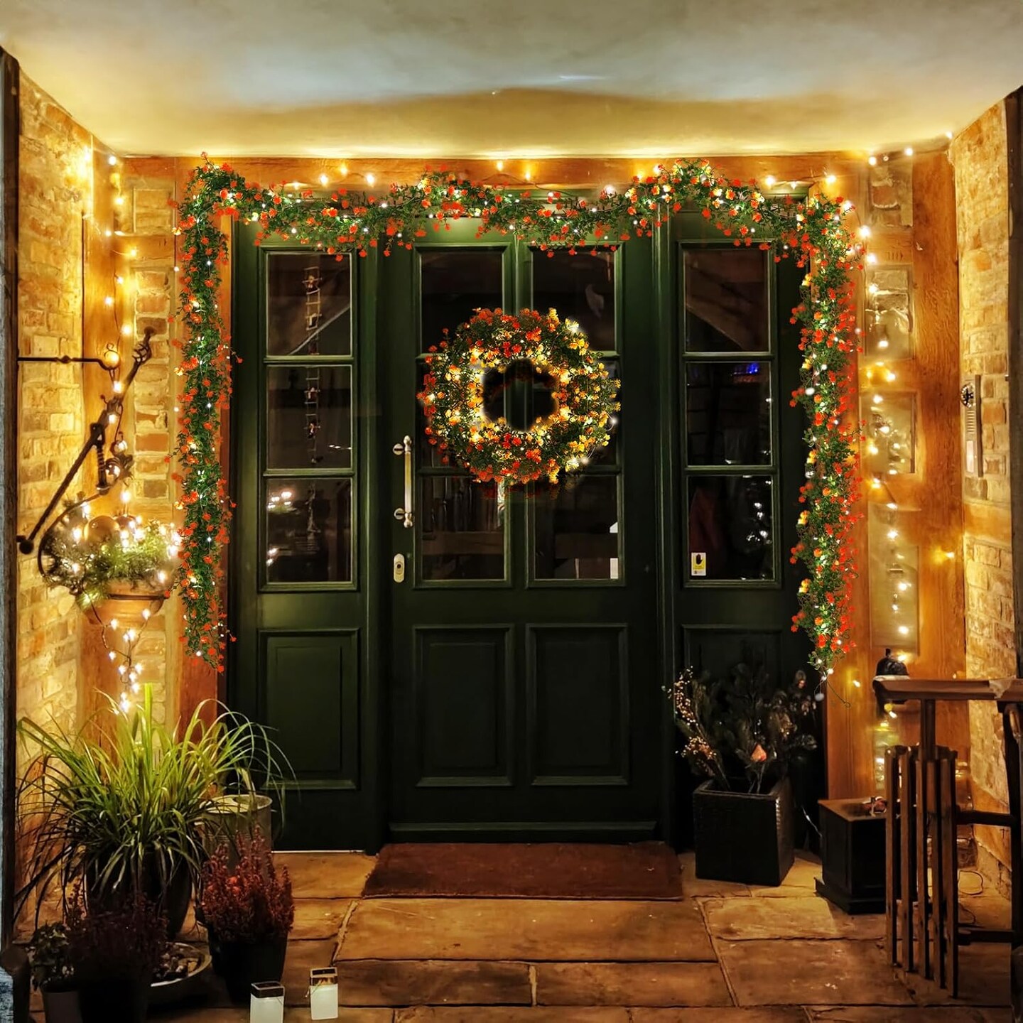 Faux Spring Eucalyptus Garland Artificial Hanging Vines Wedding Greenery Garland with Lights Faux Plants Indoor Flower Vine for Wall Fireplace Table Porch Door Decoration