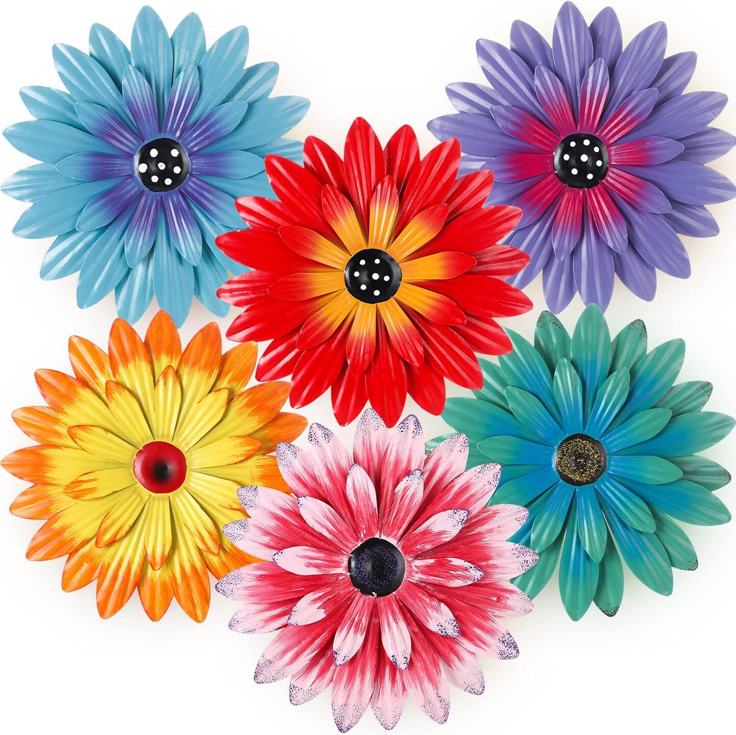 6 Pcs Summer Metal Flower Wall Art Decor 8 Inch Sunflower Wall Decorations Hanging Outdoor Art Multicolored Handmade Metal Flowers Outdoor Decor(Cute Color)