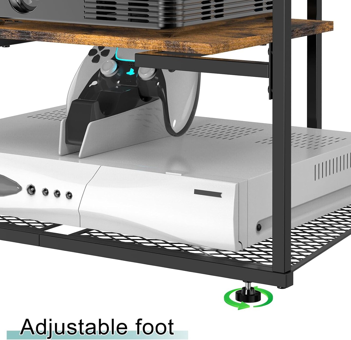 4-Tier Brown AV Media Stand with Charging Station - Corner Stereo Cabinet for Record Players, Game Consoles, TVs (24.4&#x22;W/62cm x 27.6&#x22;H/70cm)