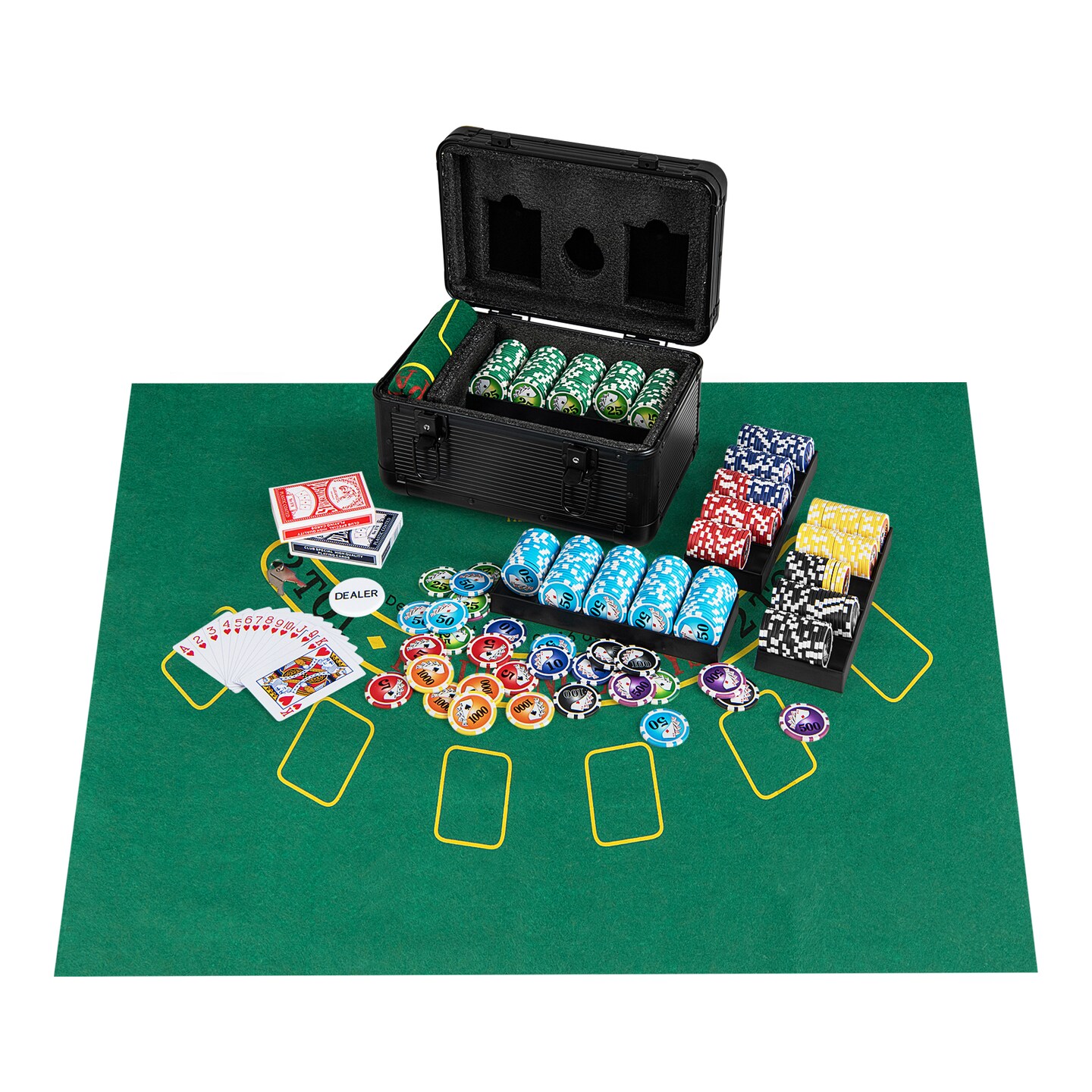 Black Aluminum Poker Chip Set with 600 Chips, Cards, Felt and Carrying Case