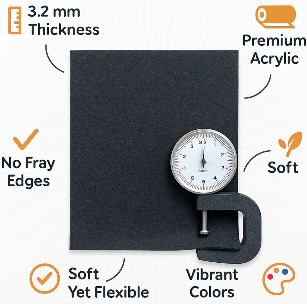 3.2mm Thick Acrylic Felt Sheets – 12" x 18" Multi-Color or Single Color Options