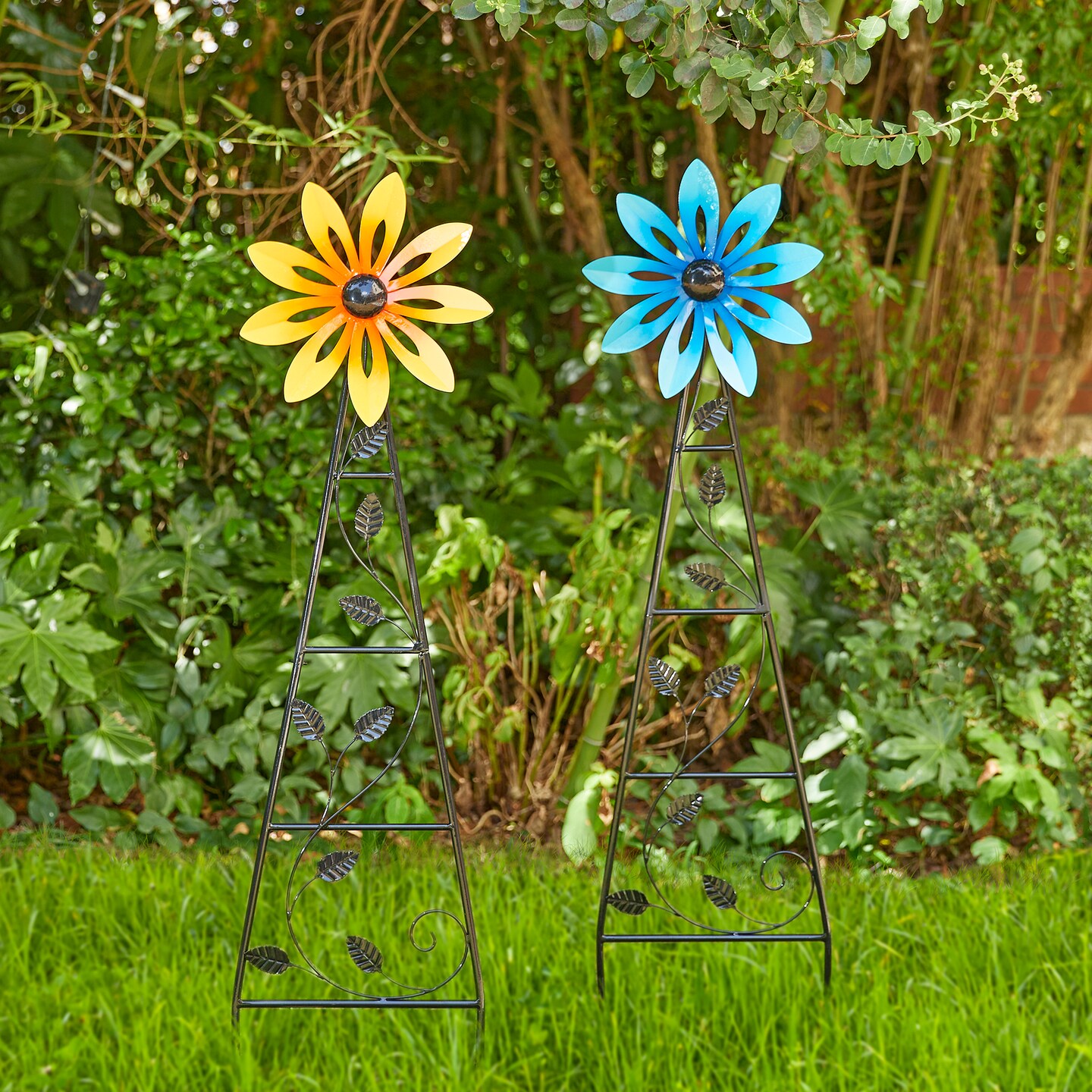 Set of 2 44&#x22;H Metal Yellow &#x26; Blue Flower Wind Spinner Yardstakes