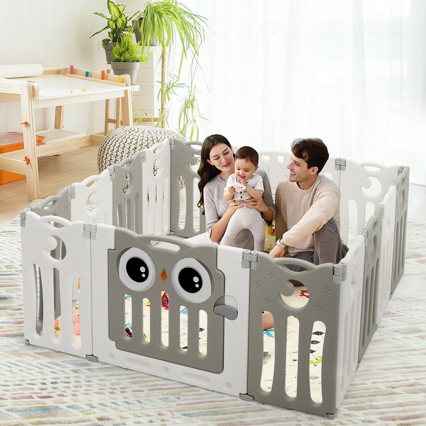 14-Panel Kids Foldable Activity Center Playpen with Lockable Door and Non-Slip Foot Mat