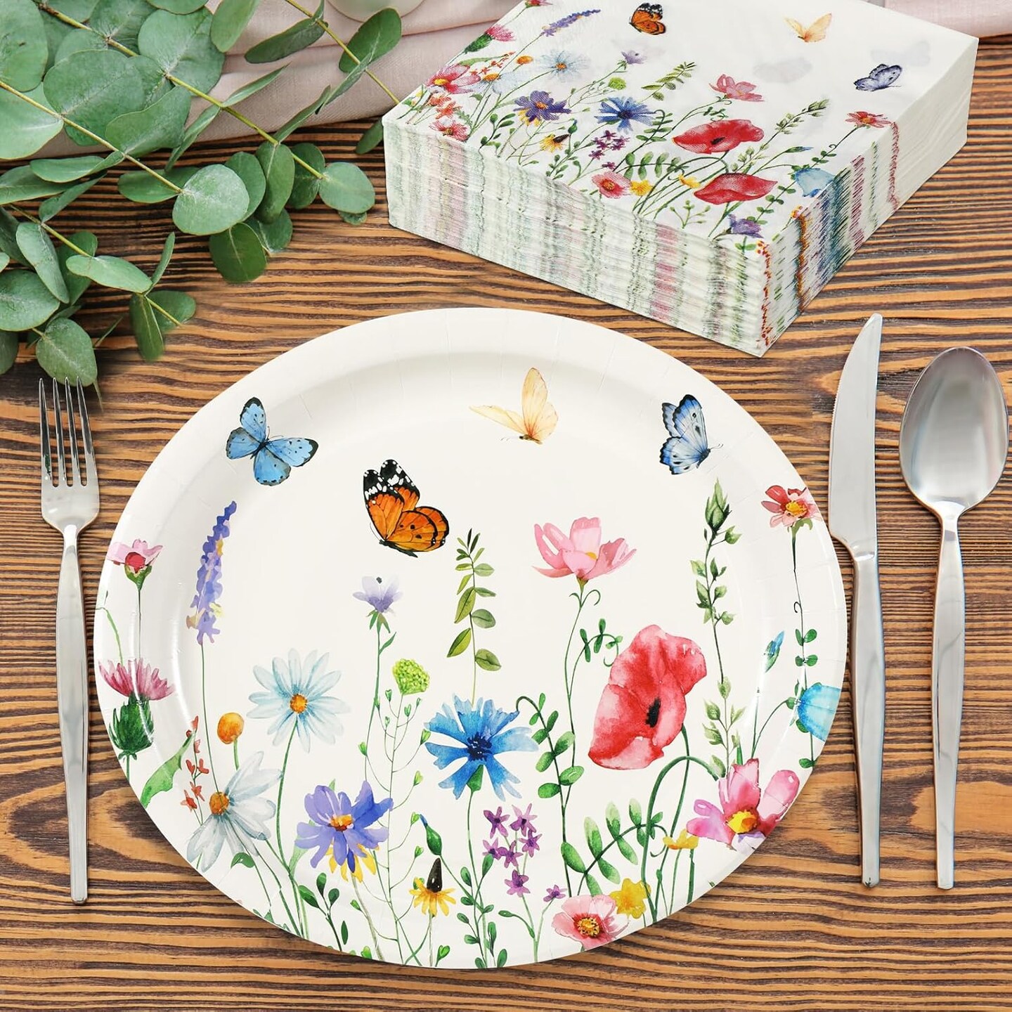 150 Pcs Floral Party Supplies, 50 Pcs Floral Paper Plates 11 Inch and 100 Pcs Wildflower Paper Napkins 13 Inch Butterfly Disposable Plates for Summer Tea Party