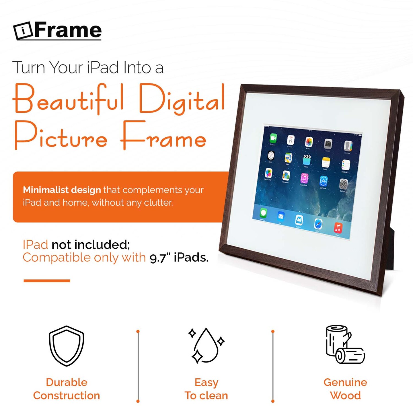 iFrame iPad Frame | Turn Your iPad Into A Beautiful Interactive Digital Picture Frame | Perfect at Home Or Work | Includes Table Stand and Wall Mount for All 9.7&#x201D; iPads