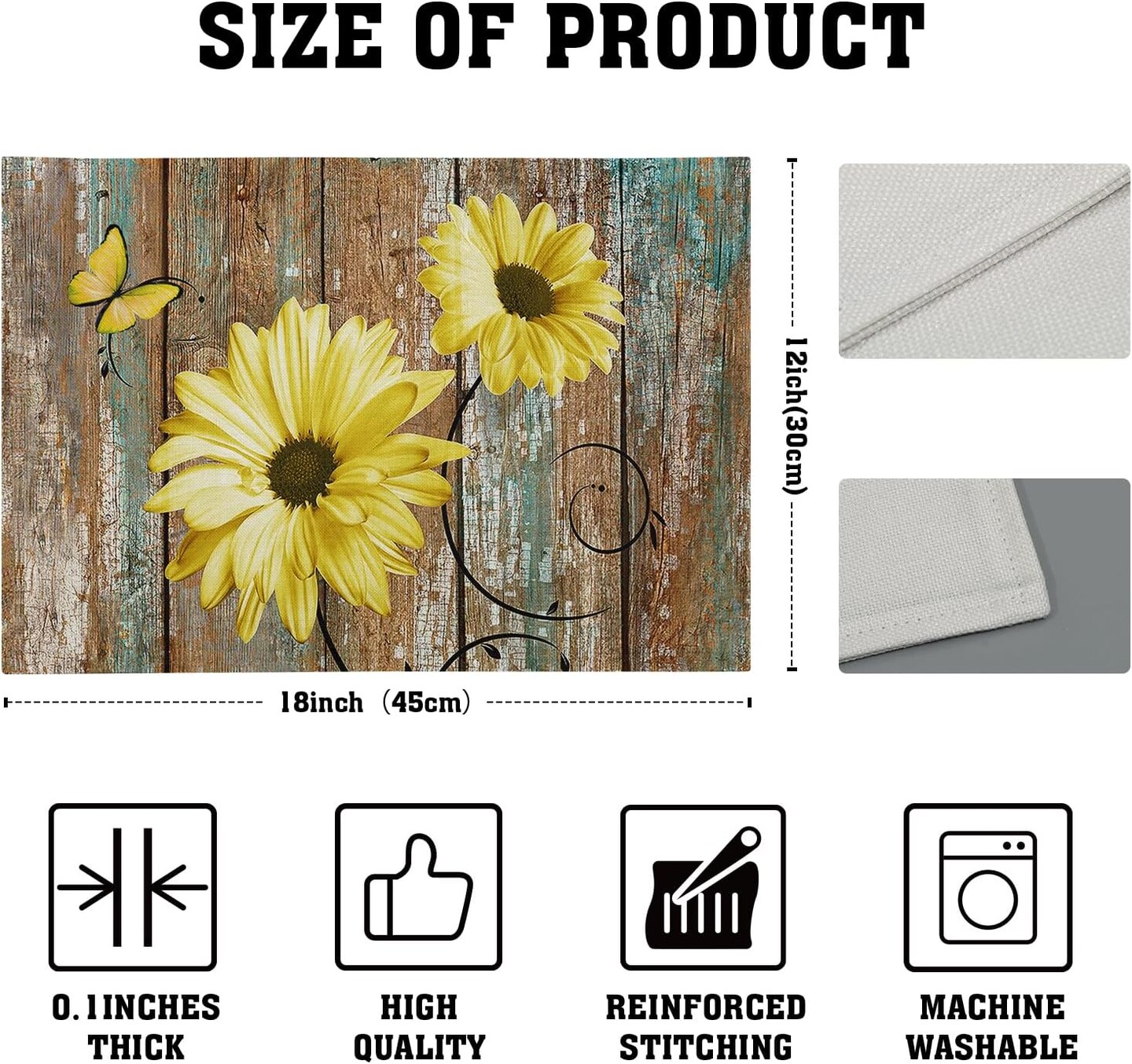 Summer Rustic Daisy Placemats Set of 4- Yellow Sunflowers Vintage Wood Board Linen Place Mat- Farmhouse Wooden Floral Non Slip Heat Resistant Table Mats for Kitchen Dining Cabin Lodge Decor