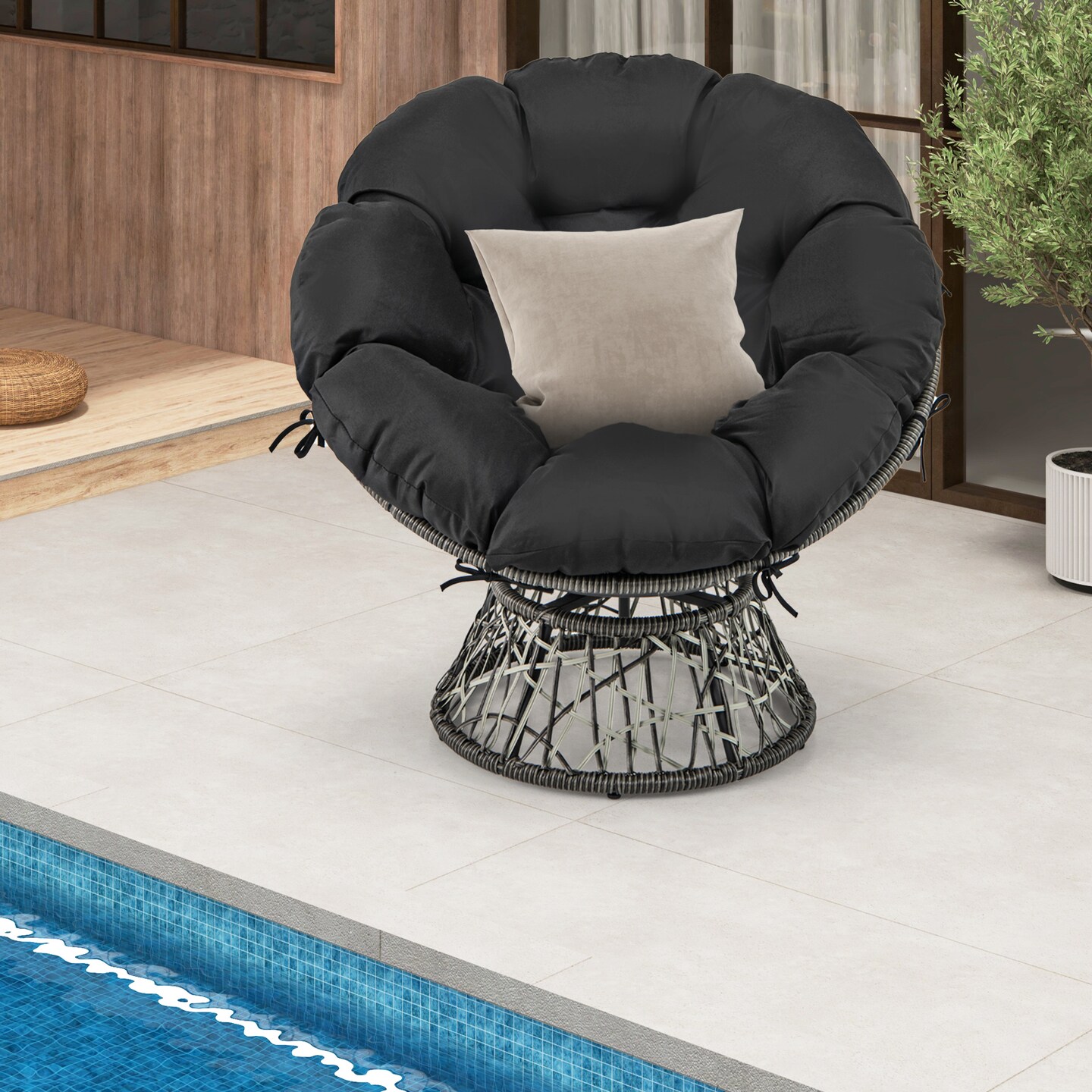 Black Swivel Papasan Chair with Thick Removable Cushion Suitable for Indoor or Outdoor Use